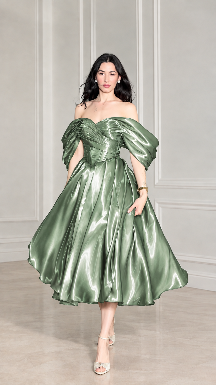 Model wearing sage green off-shoulder corset satin midi dress