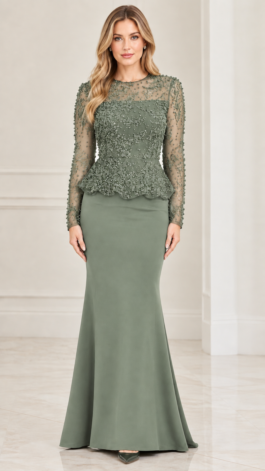 Front full-length view of model in sage green long sleeve embellished peplum maxi dress