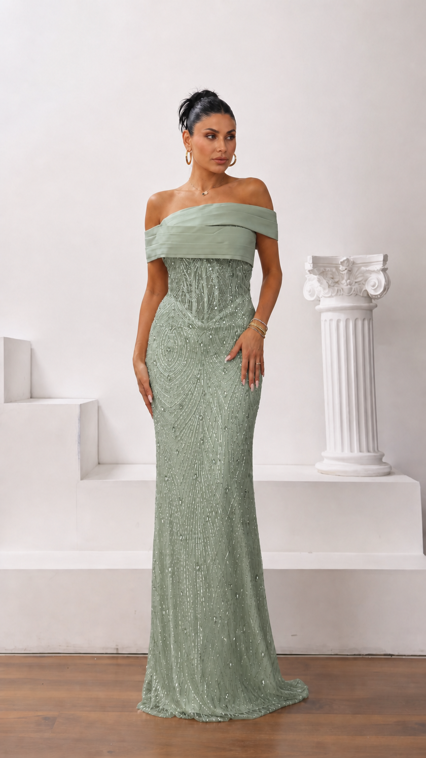 Model wearing sage green off-the-shoulder beaded formal maxi dress