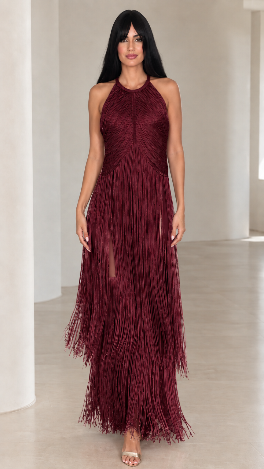 Full front view of burgundy halter neck tiered fringe maxi dress
