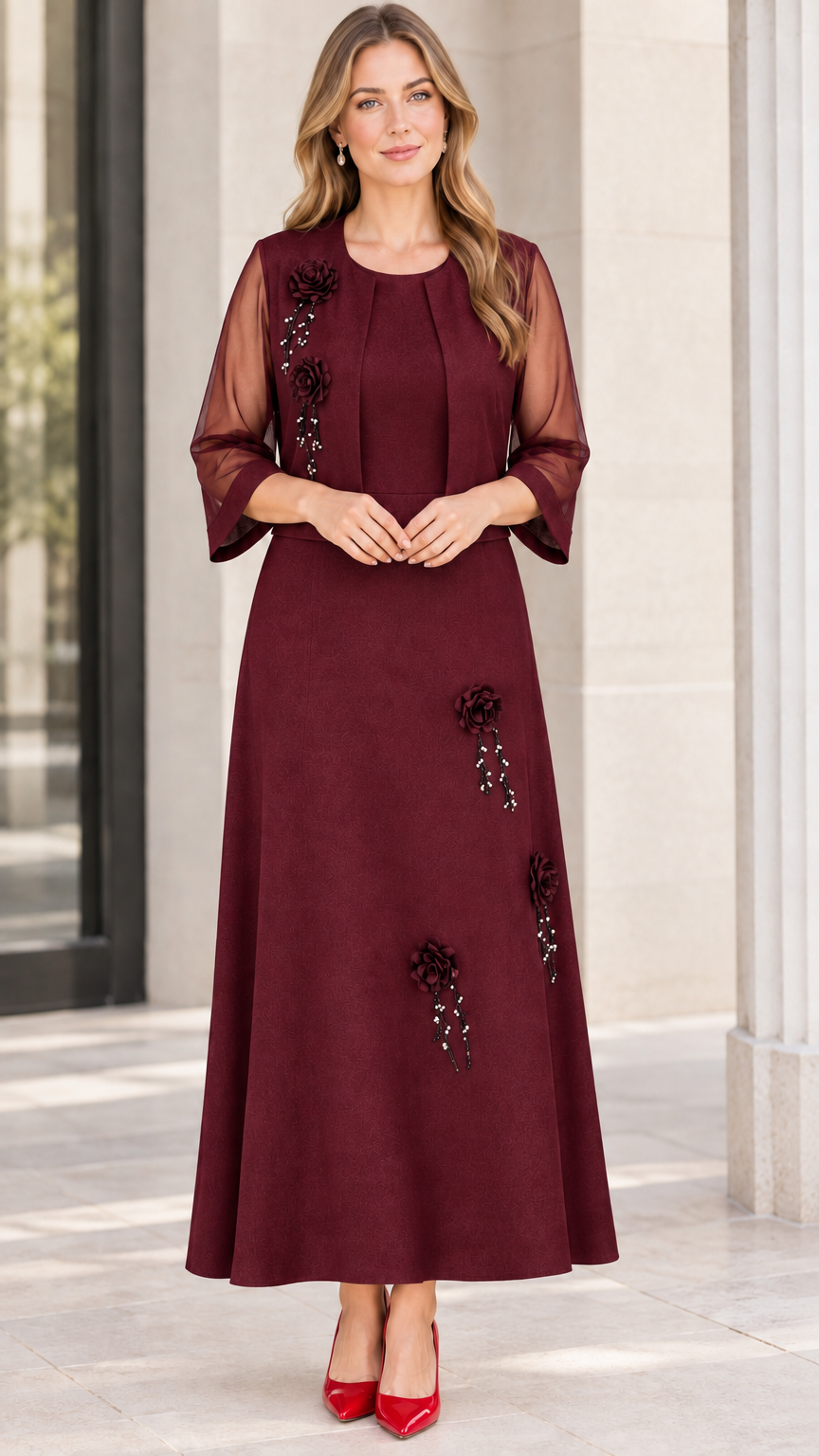 Burgundy wine two-piece formal evening dress set with floral embellishments