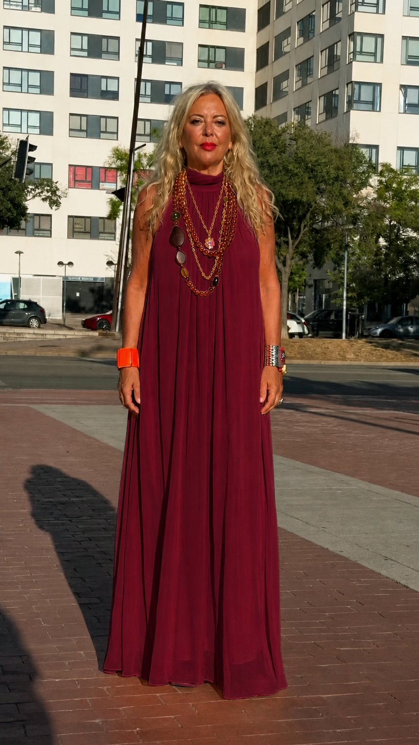 Front full-length view of woman wearing burgundy wine high neck sleeveless chiffon maxi dress