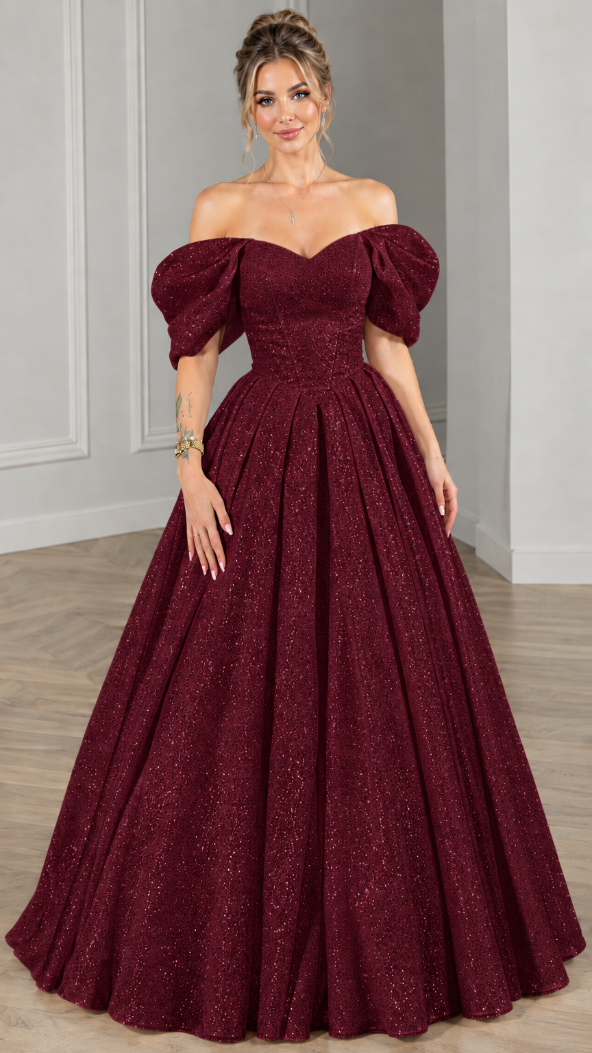 Model wearing burgundy wine red glitter off-the-shoulder ball gown