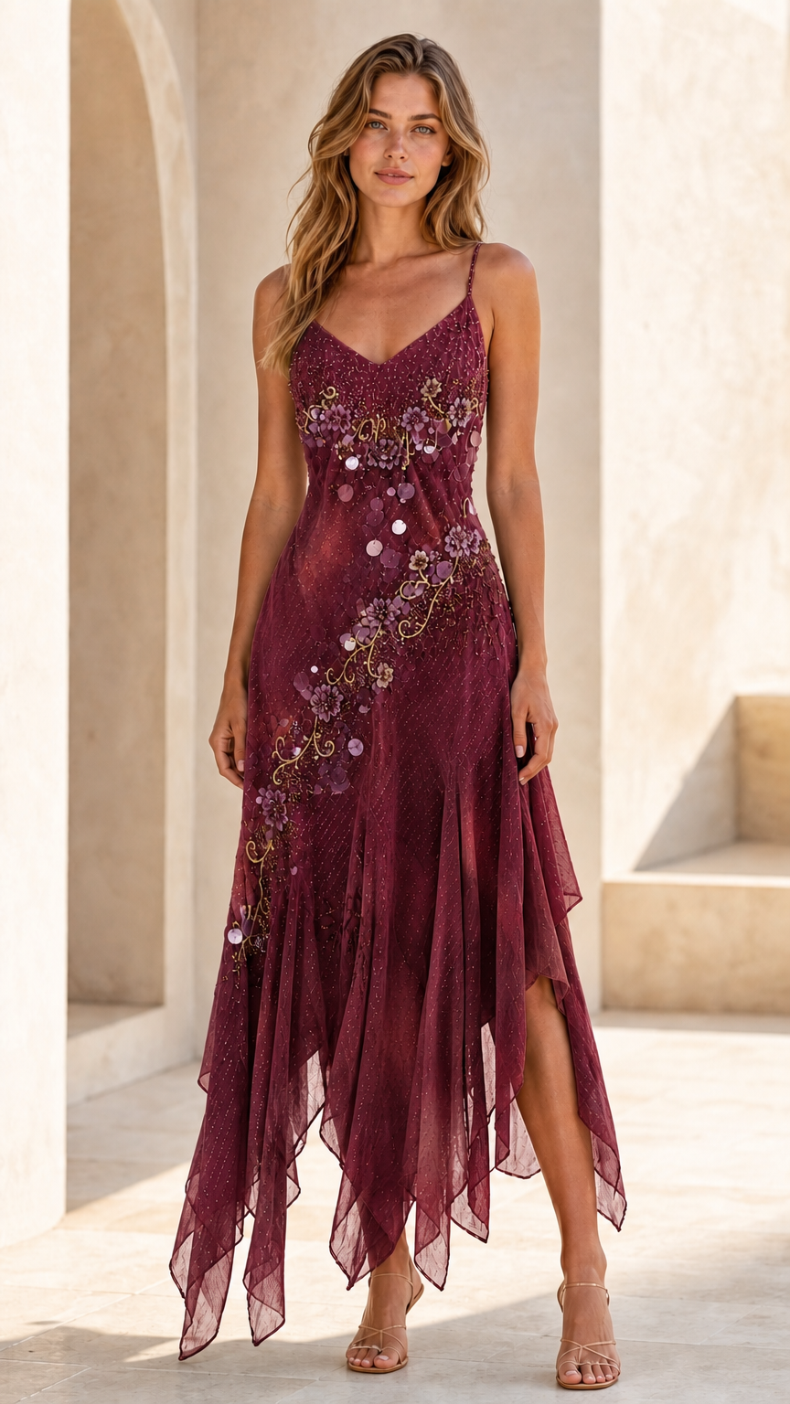 Full front view of burgundy wine sequin embroidered handkerchief hem cami dress