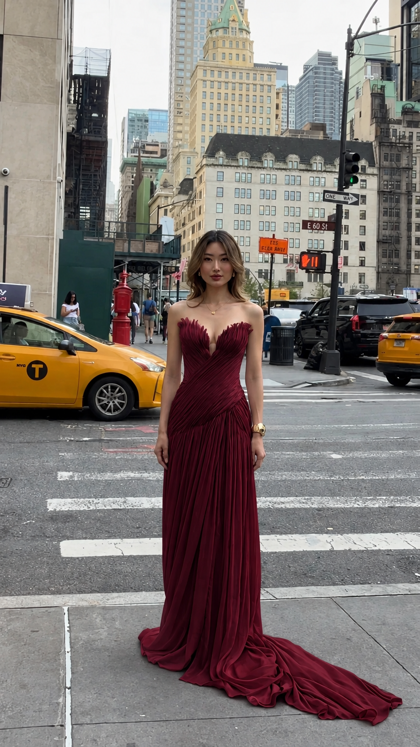 Front full-length view of woman in burgundy red strapless pleated chiffon evening gown