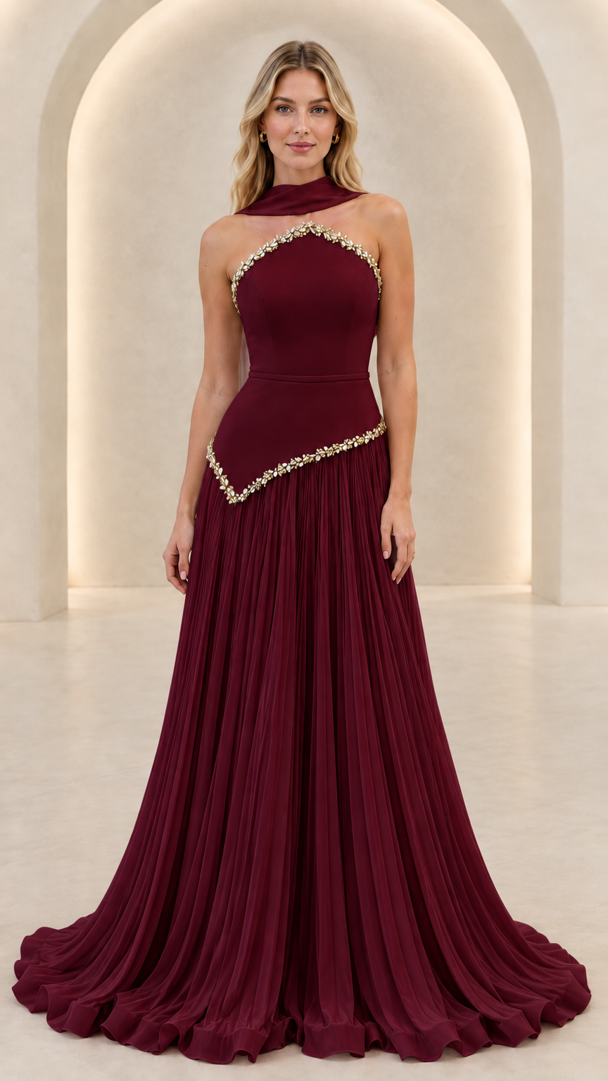 Front view of burgundy wine red halter pleated evening gown with sparkling waist detail