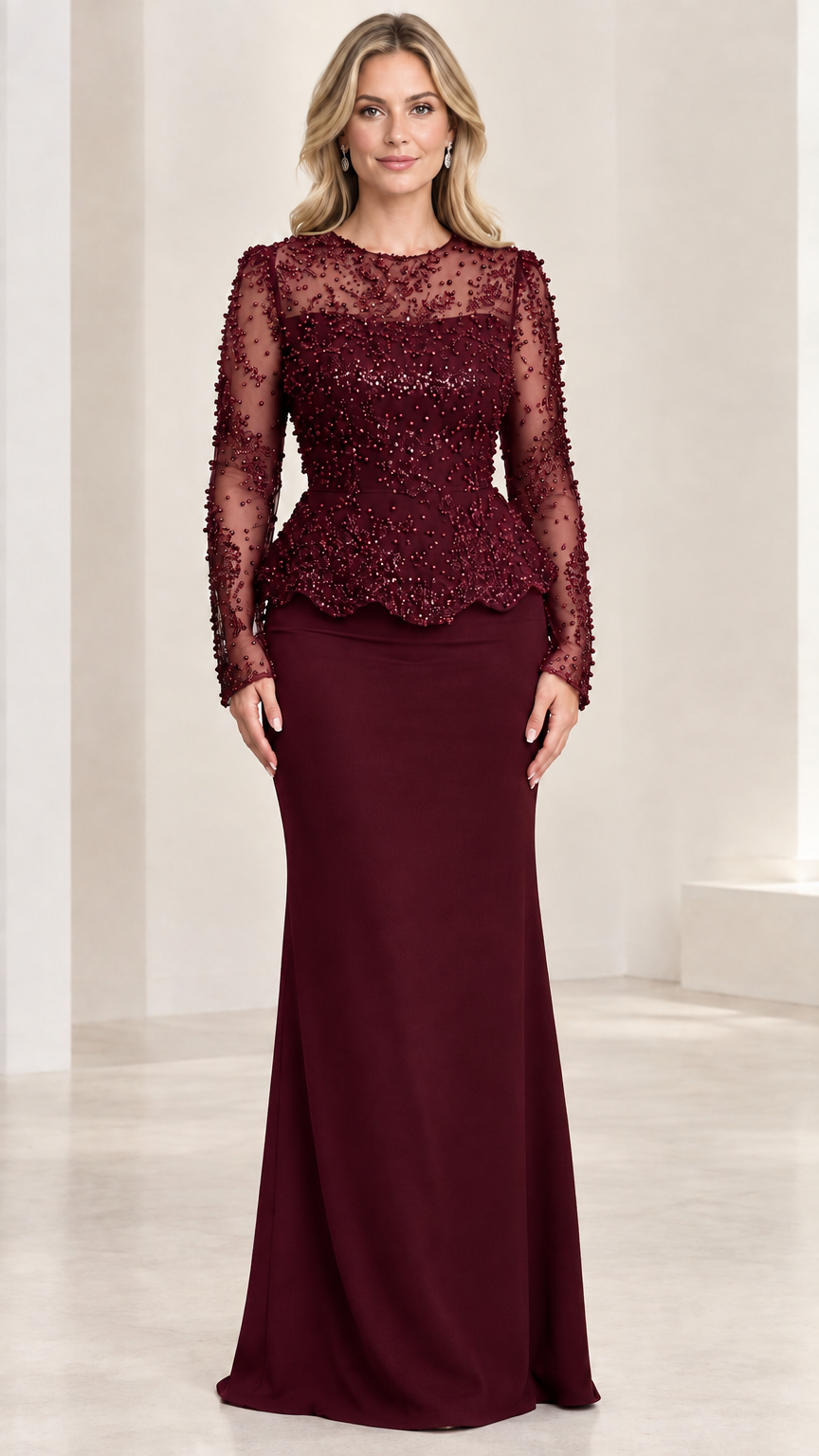 Front view of burgundy wine sequin peplum floor-length evening gown