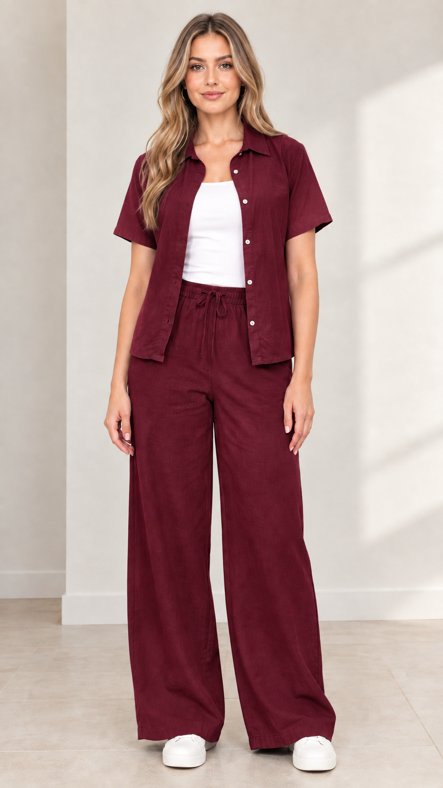 Full front view of model wearing Burgundy short-sleeve shirt and wide-leg trousers set