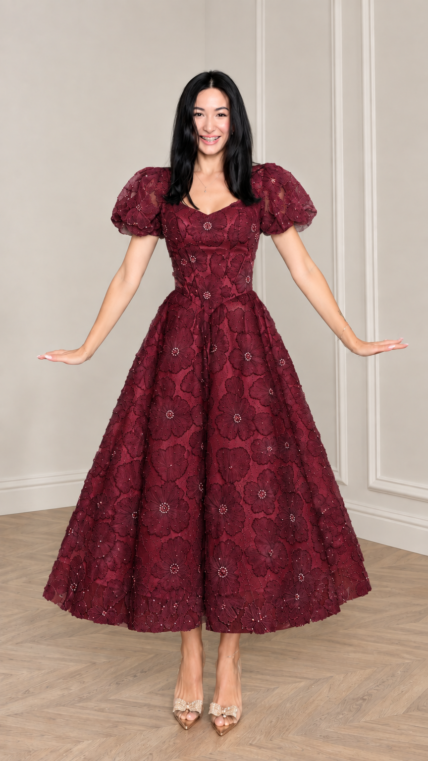 Front view of woman wearing Burgundy floral applique puff sleeve midi dress