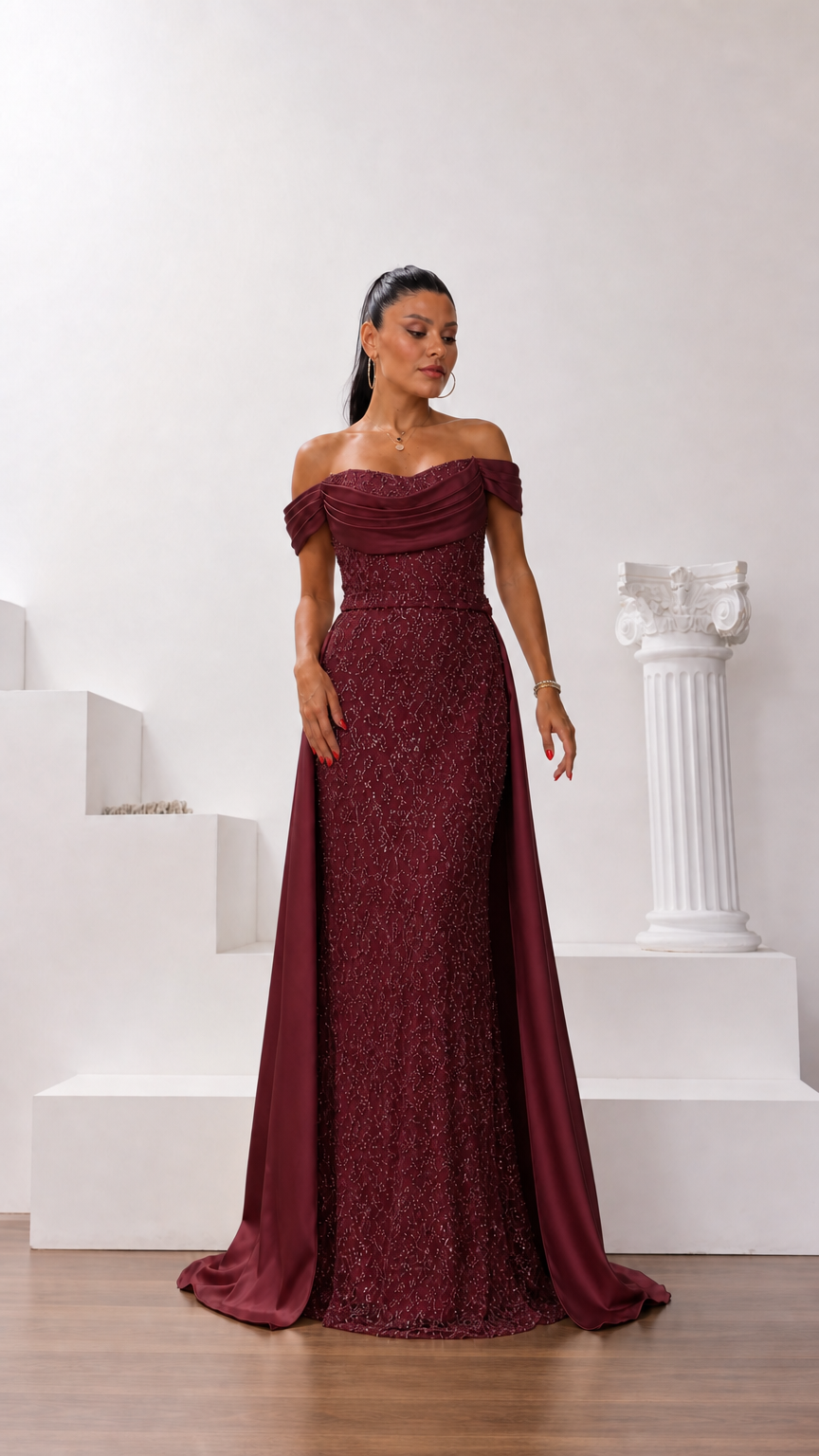Burgundy off-the-shoulder sequin evening gown with draped satin overskirt