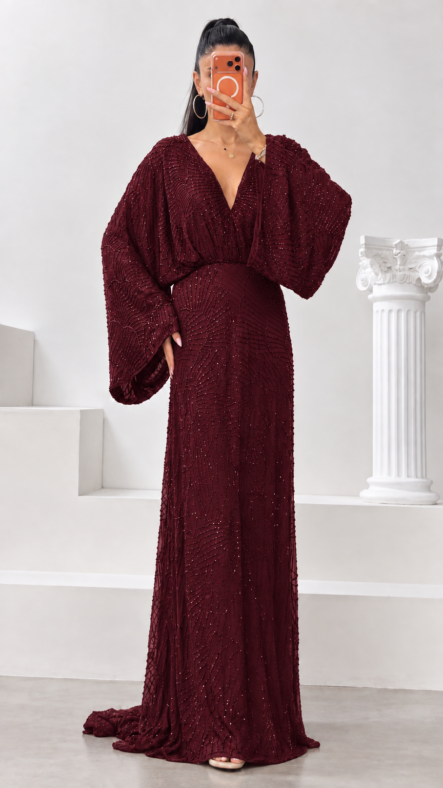 Burgundy wine red embellished long sleeve V-neck evening gown