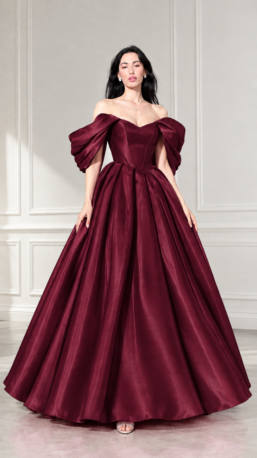 Front view of woman wearing burgundy off-the-shoulder corset ball gown