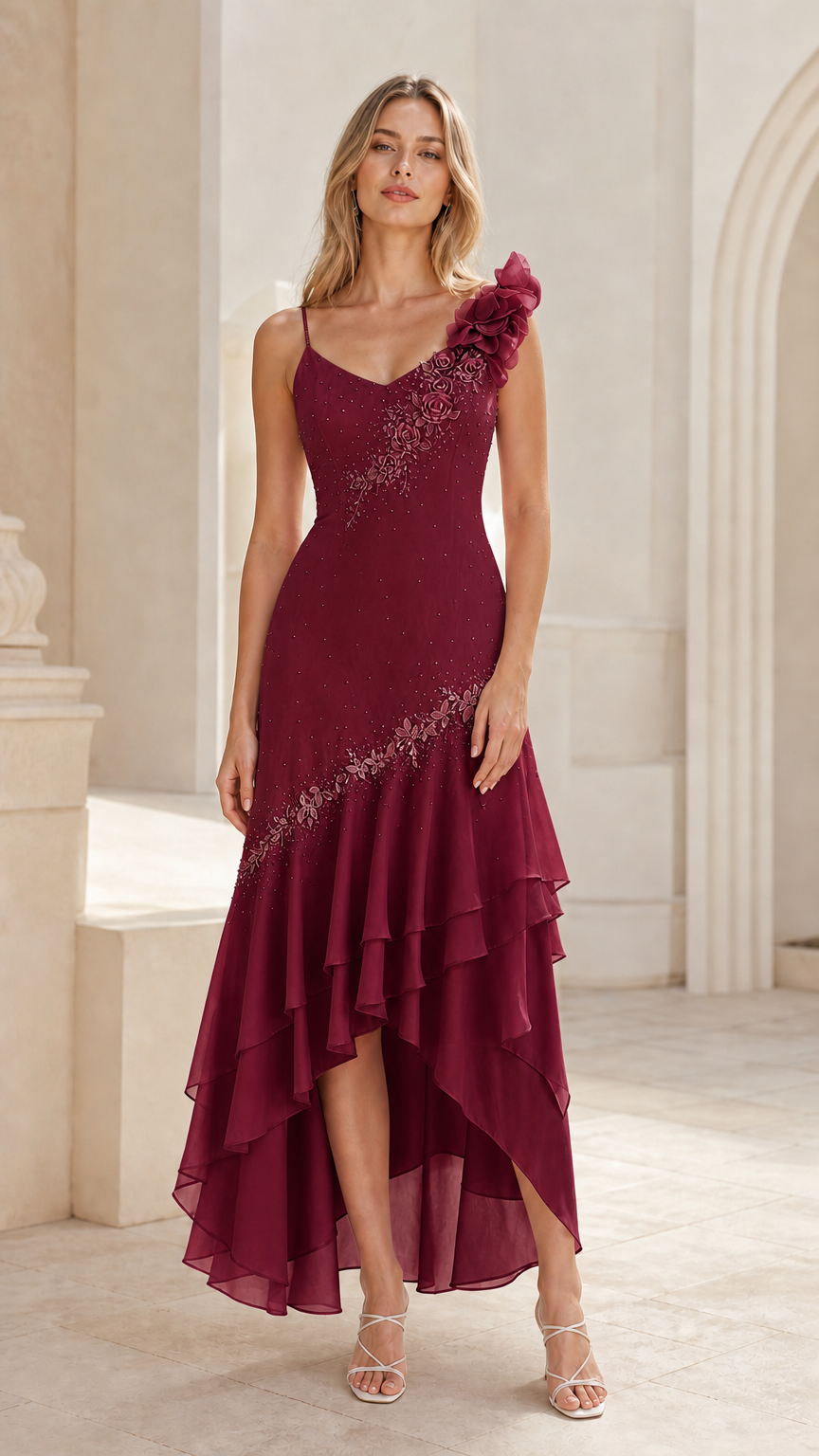 Burgundy wine red tiered high-low chiffon gala dress