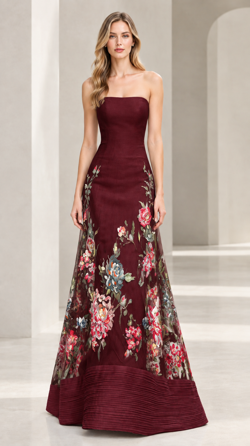 Full front view of burgundy strapless floral embroidered evening gown