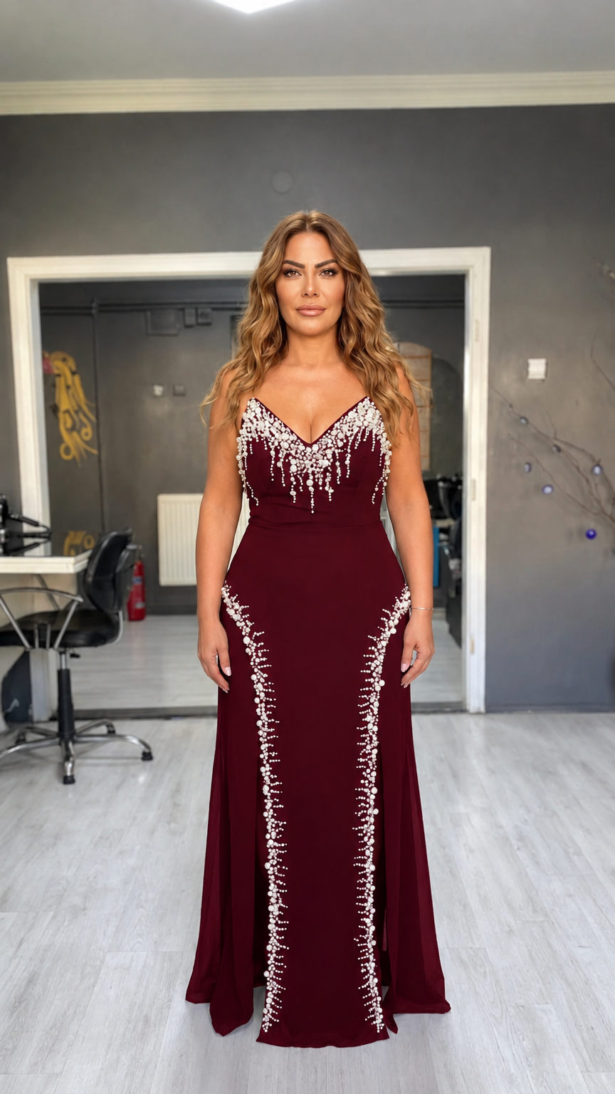 Woman wearing burgundy wine pearl-embellished spaghetti strap evening maxi gown