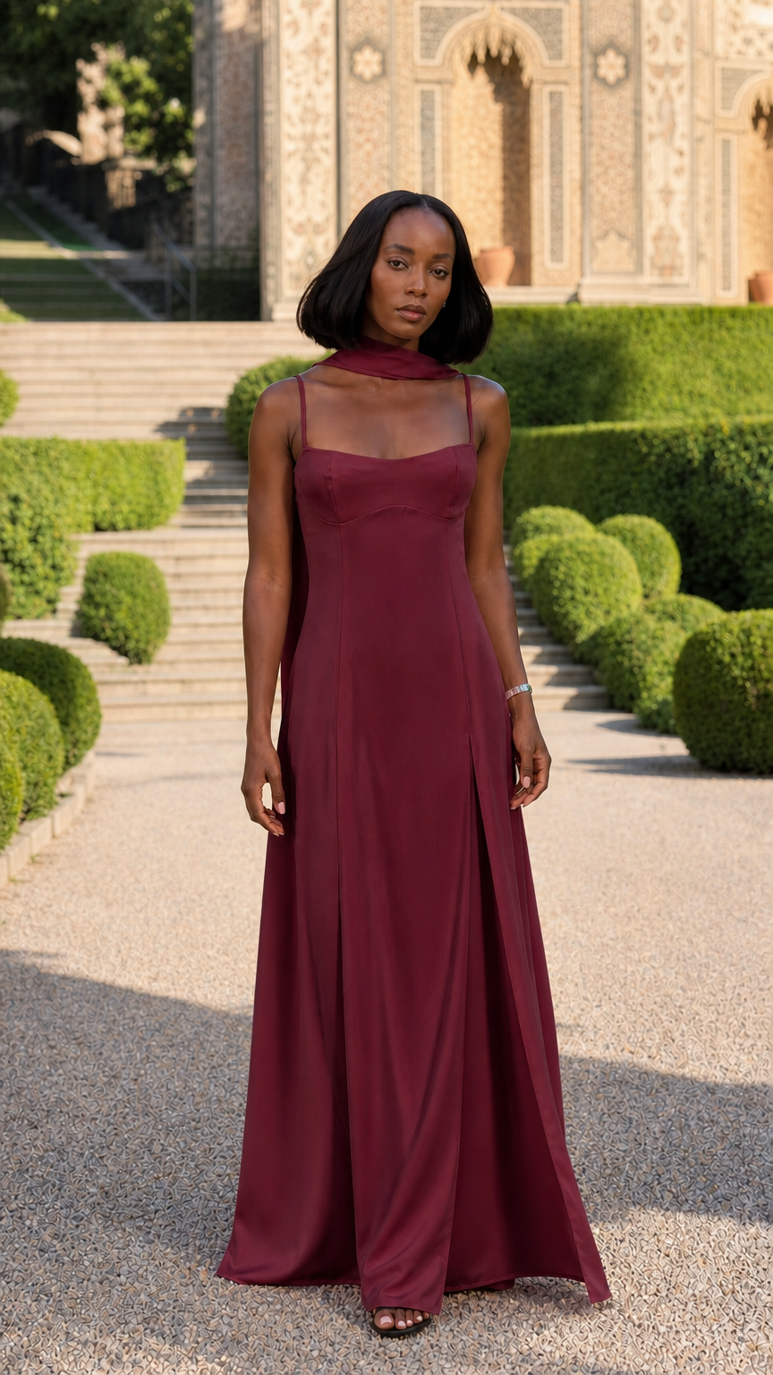 Woman wearing burgundy wine spaghetti strap maxi evening dress with neck scarf