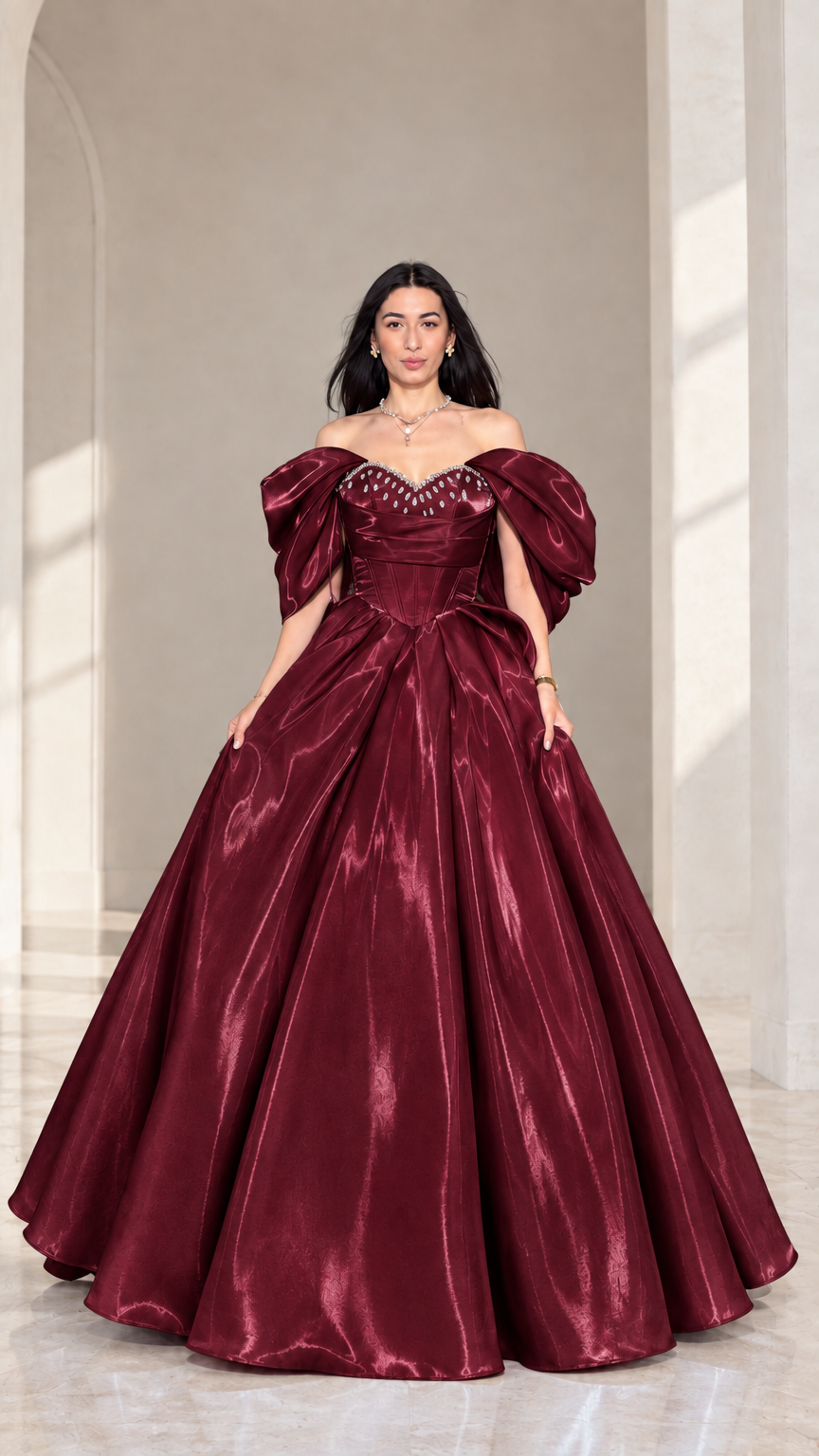 Front view of model wearing rich burgundy off-shoulder beaded corset ball gown
