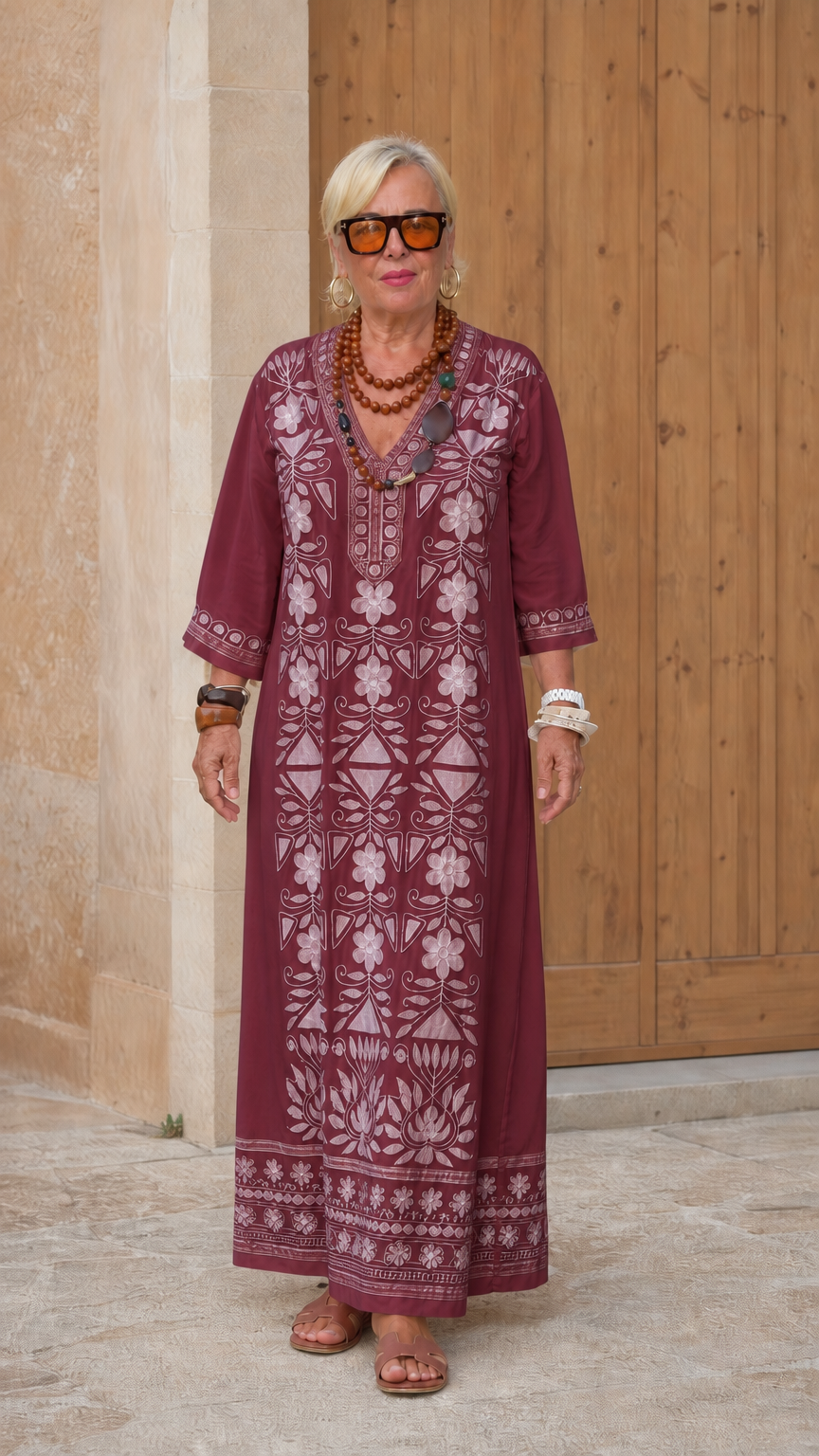 Front view of woman wearing burgundy wine embroidered kaftan maxi dress