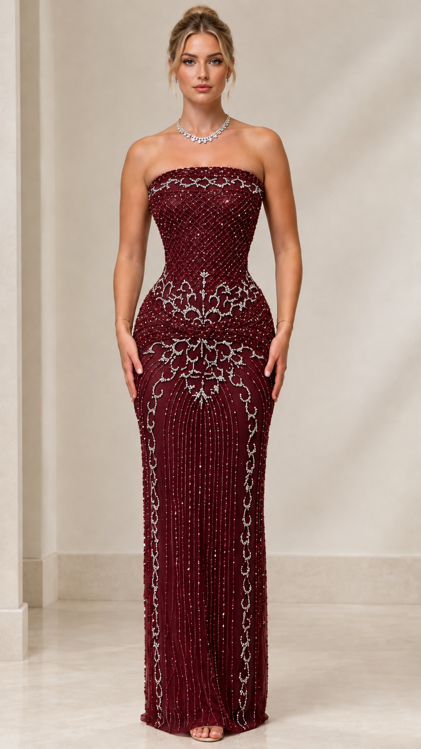 Front view of burgundy strapless beaded evening gown