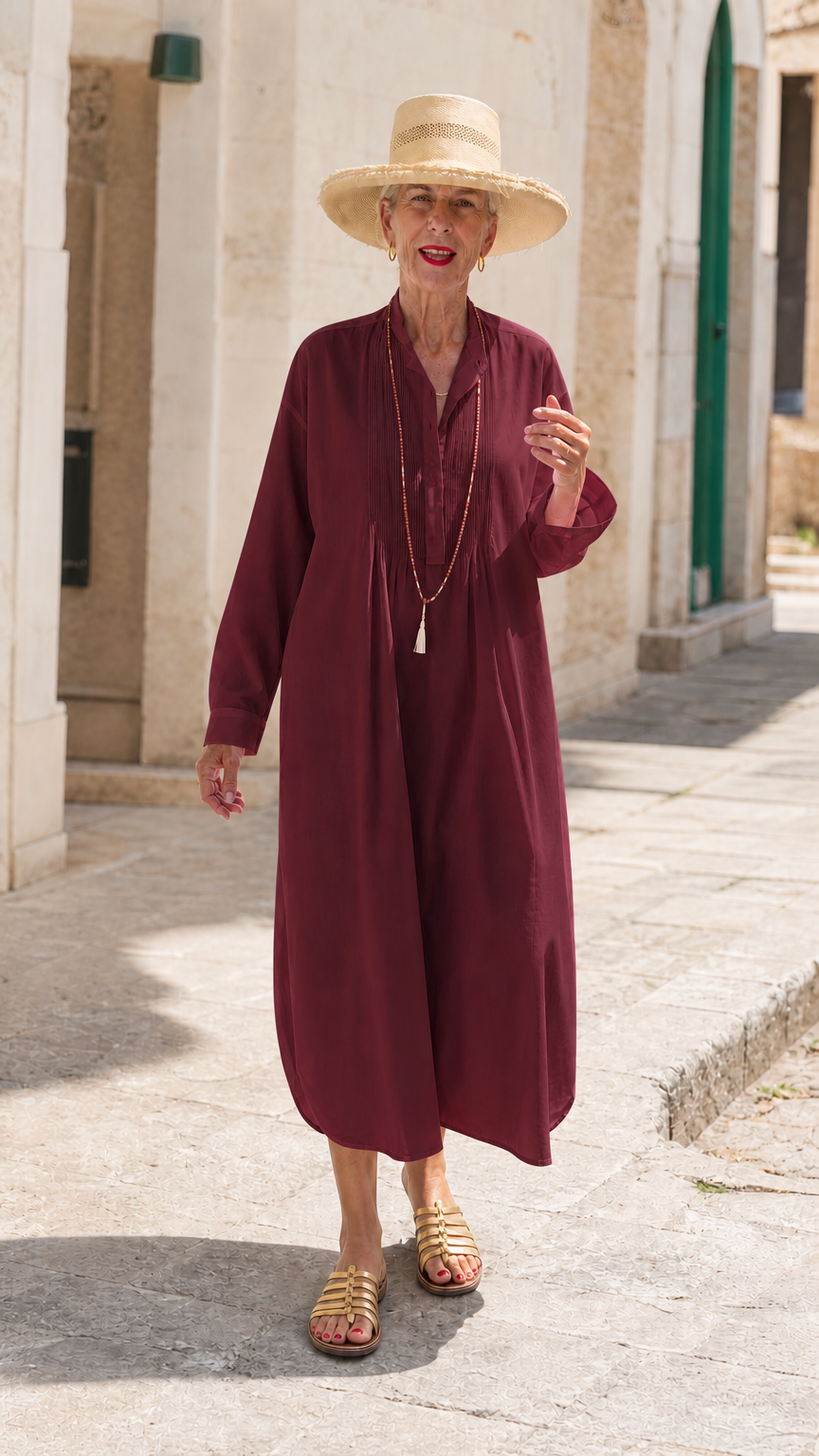 Burgundy wine long sleeve pleated midi shirt dress on model