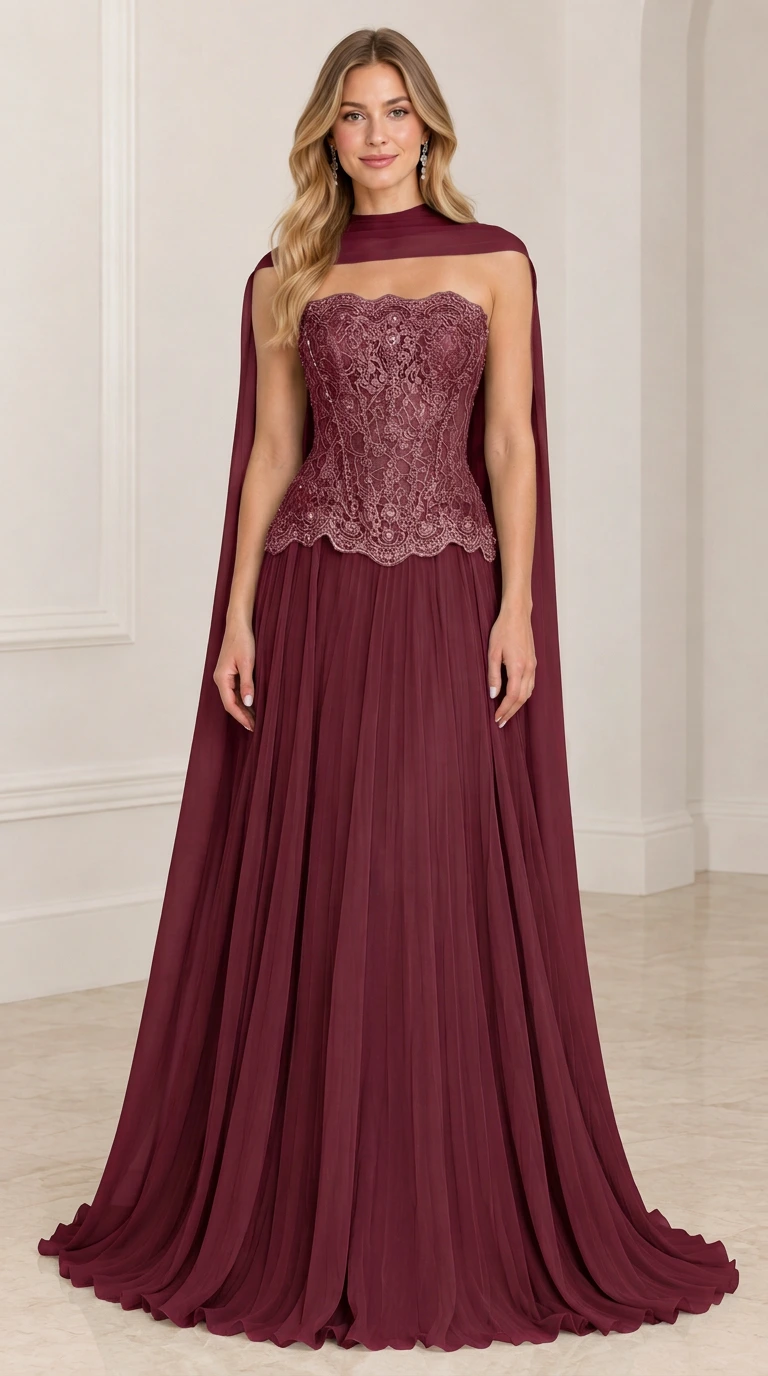 Front view of model wearing burgundy wine red strapless lace corset evening gown with chiffon cape