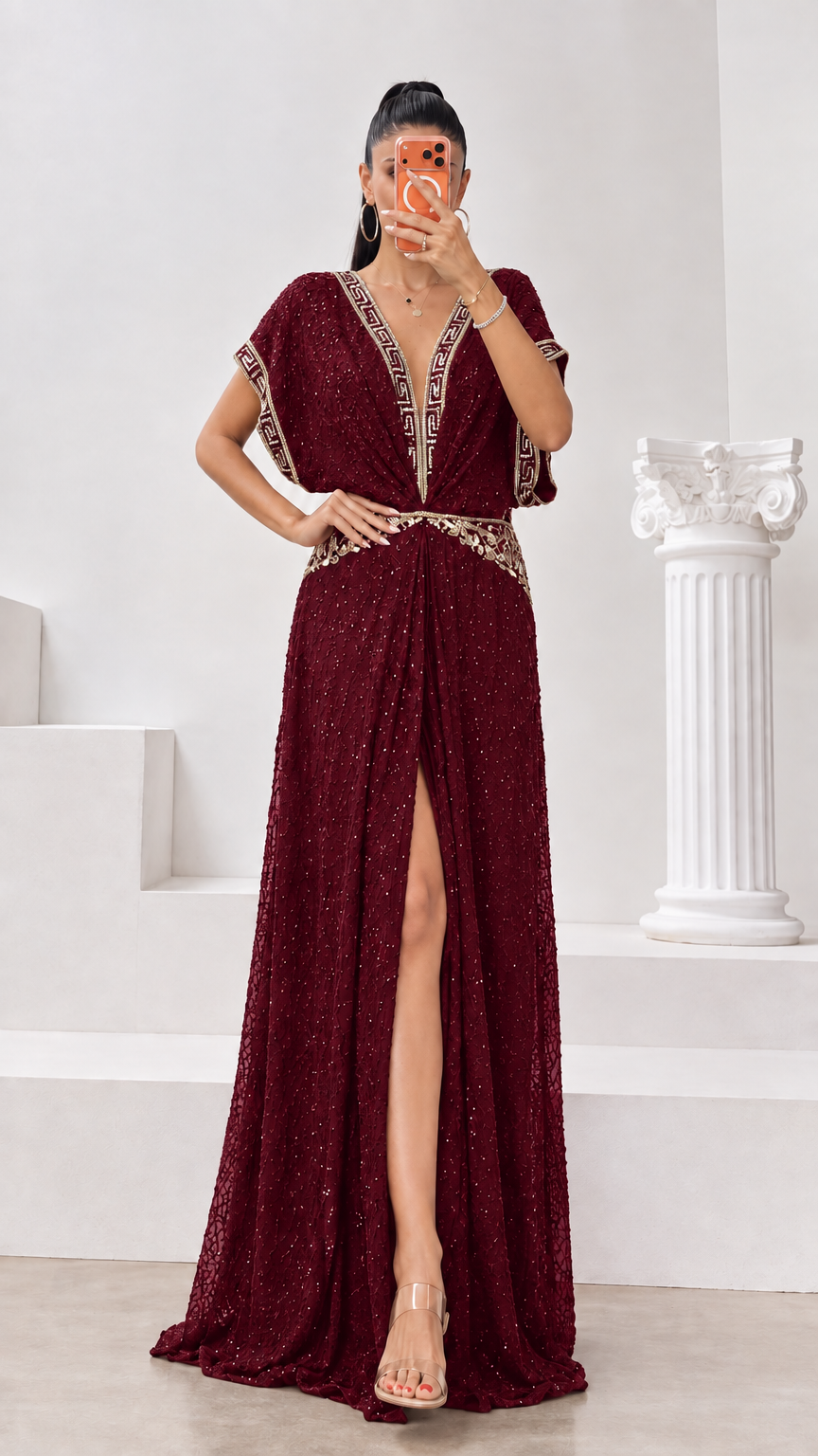 Burgundy wine red shimmer evening maxi gown with gold trim and slit