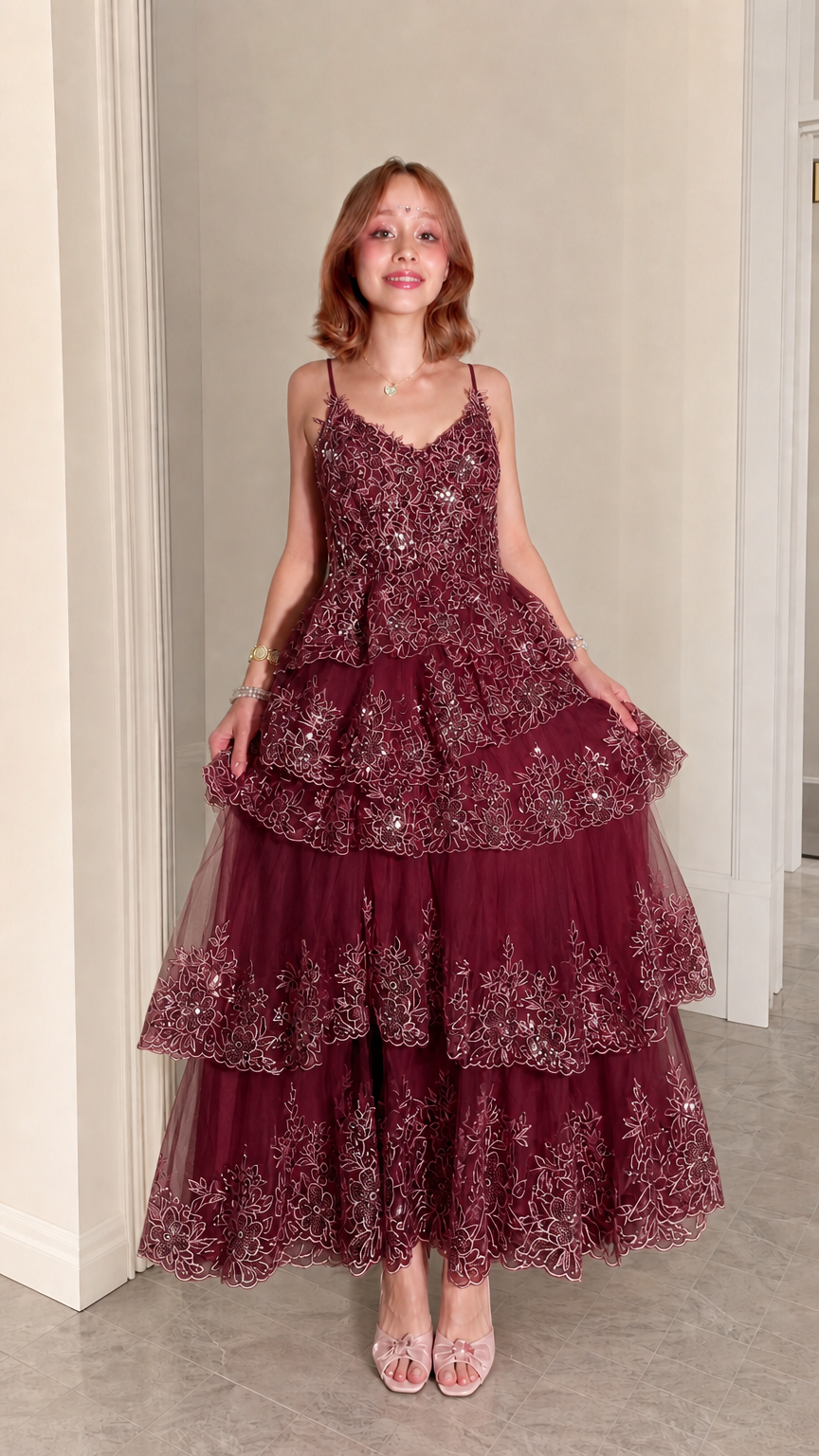 Burgundy Wine Sequined Tiered Tulle Maxi Evening Gown Front View