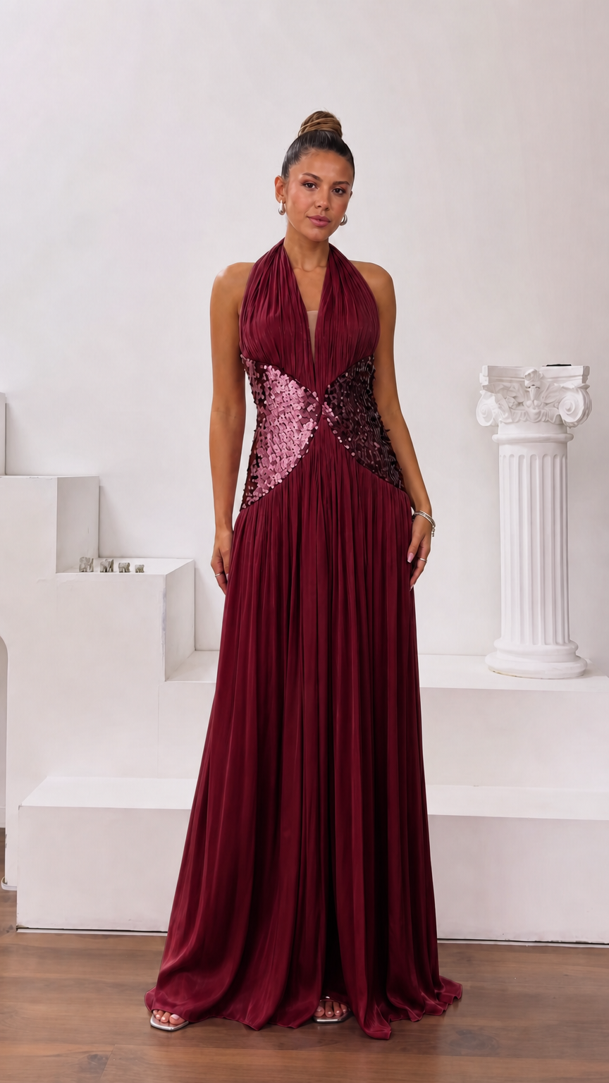 Burgundy wine red pleated halter gown with sequin waist detail