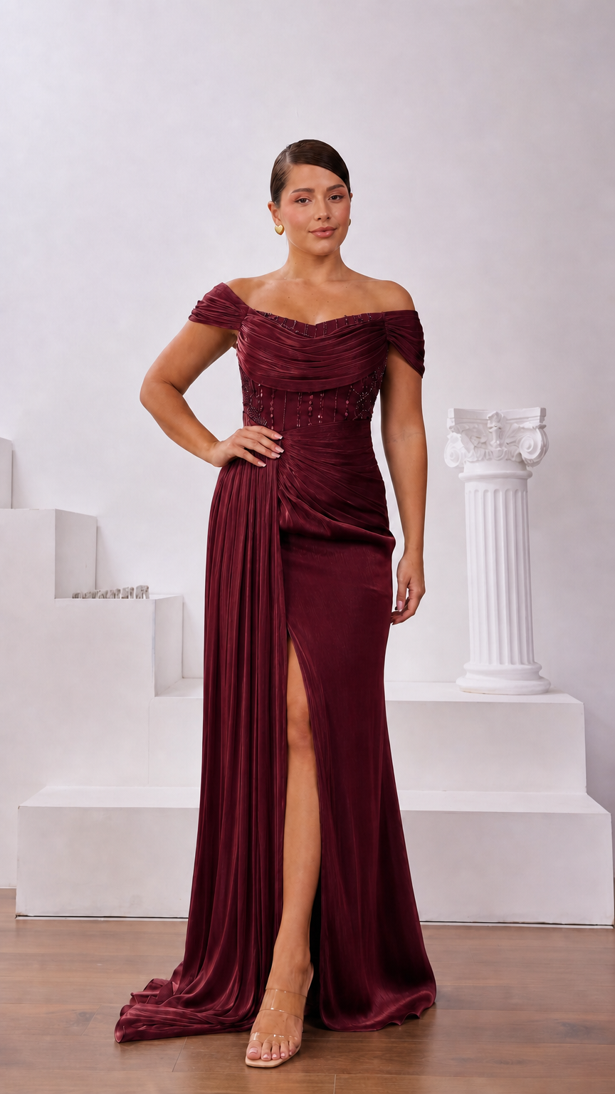 Burgundy wine off-the-shoulder pleated evening dress with sequin waist detail