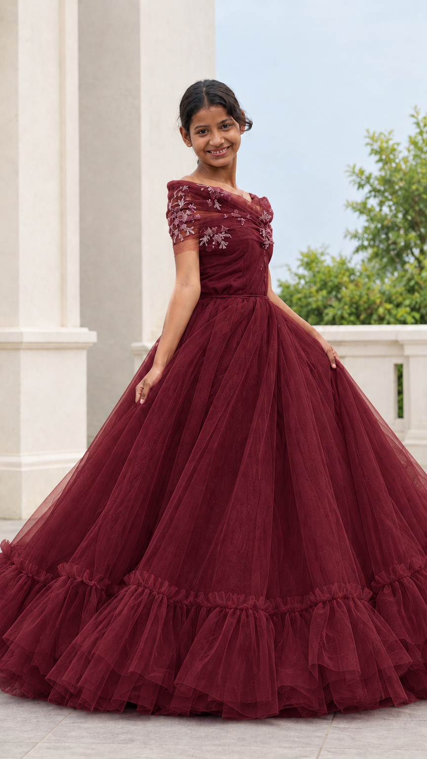 Full front view of a woman wearing a burgundy red embroidered tulle ball gown
