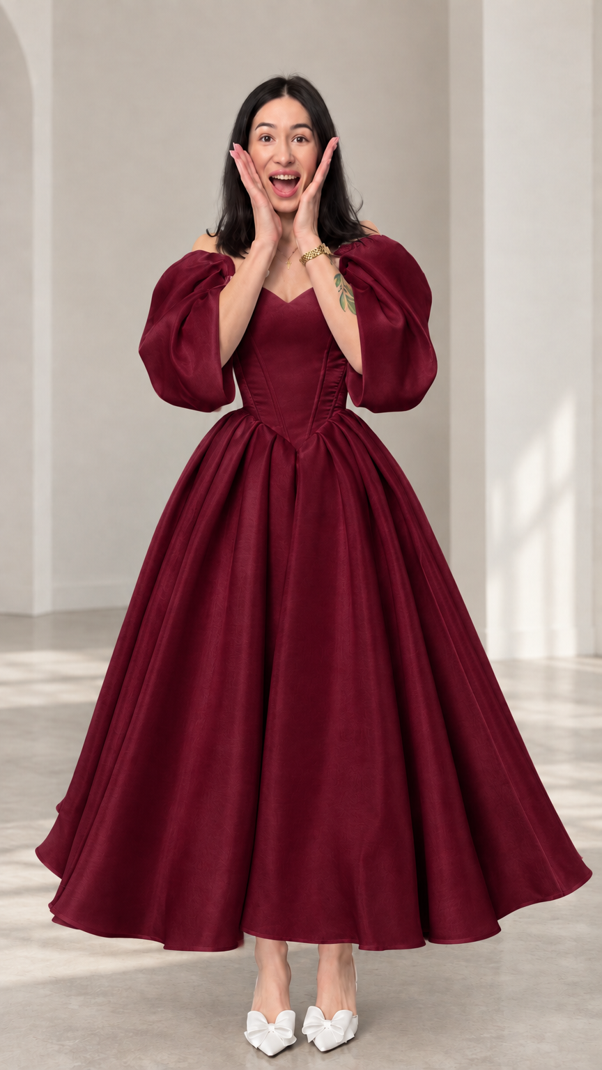 Front view of a woman wearing a rich burgundy off-shoulder puff sleeve evening gown