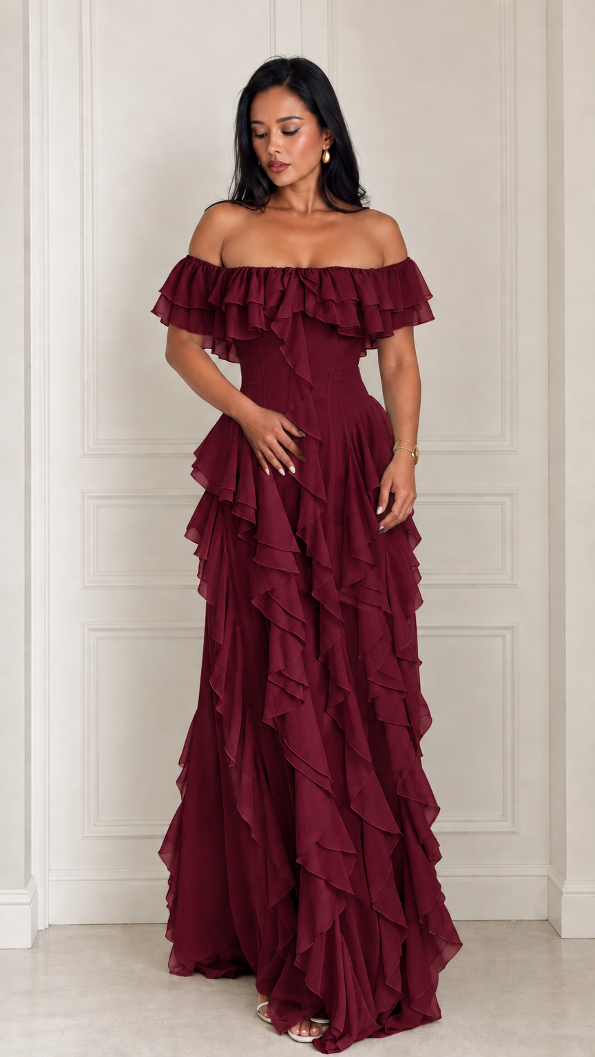 Model wearing the rich burgundy off-the-shoulder tiered ruffle formal gown