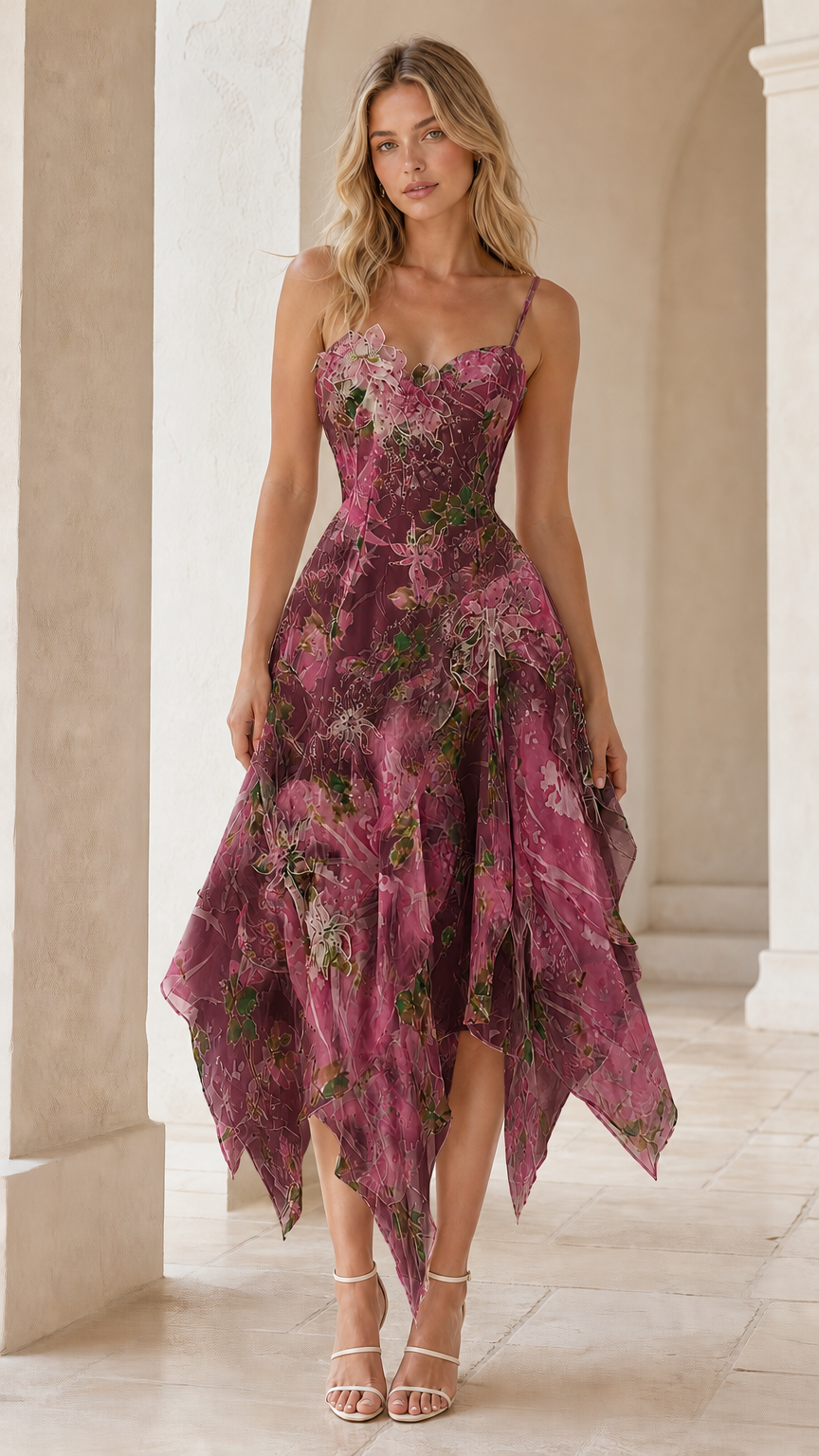 Model wearing wine red floral asymmetric handkerchief midi dress