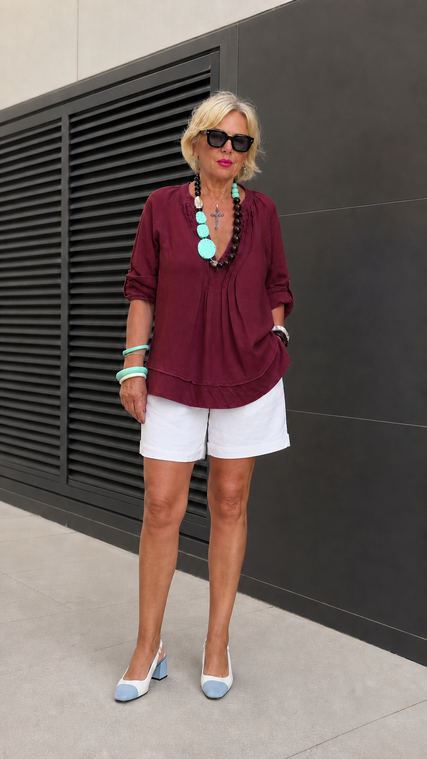 Model wearing Burgundy wine red pleated notch neck blouse