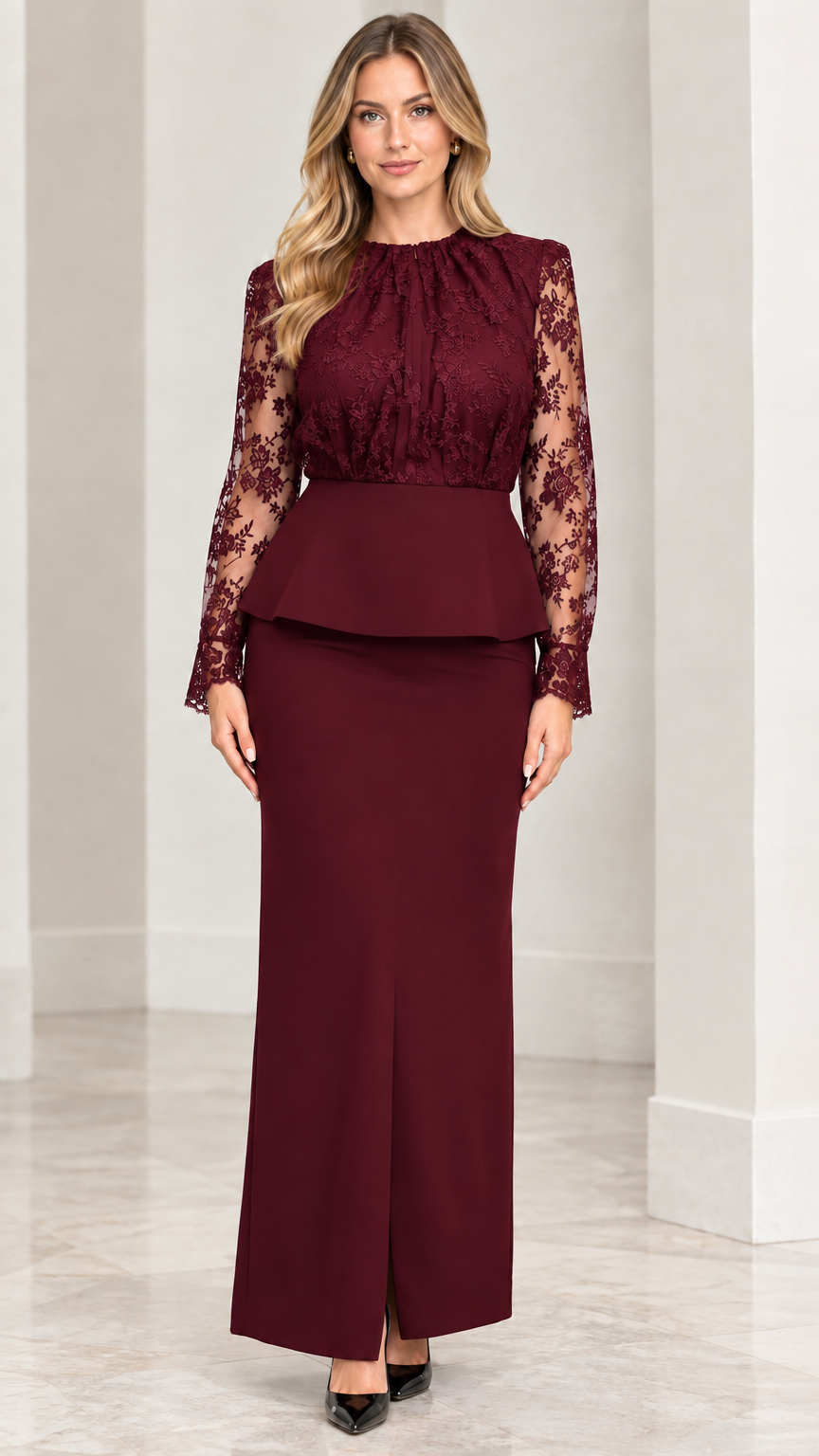 Model wearing burgundy wine red lace peplum top and column maxi skirt set