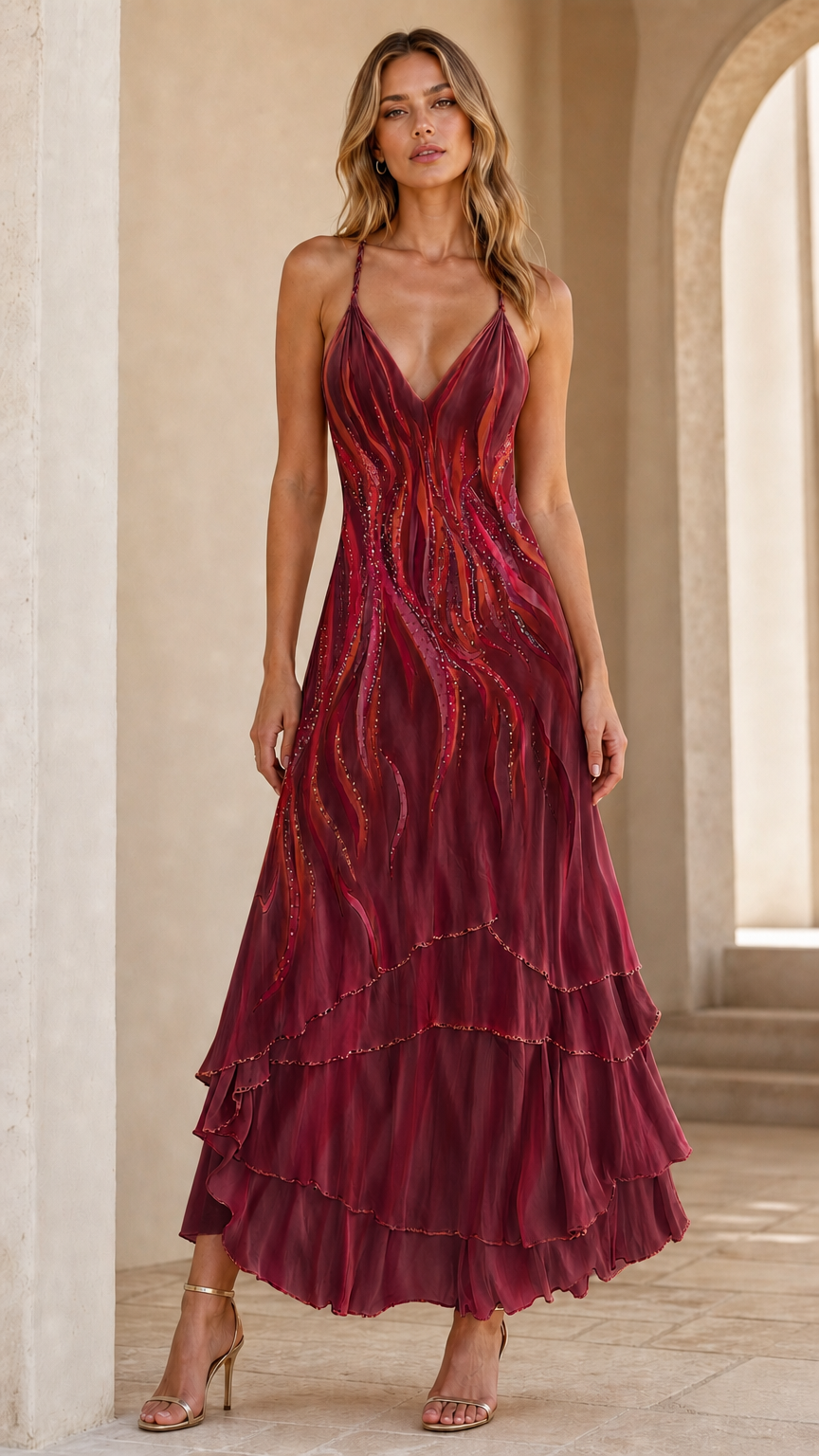 Woman wearing Wine Red abstract print sleeveless tiered maxi dress