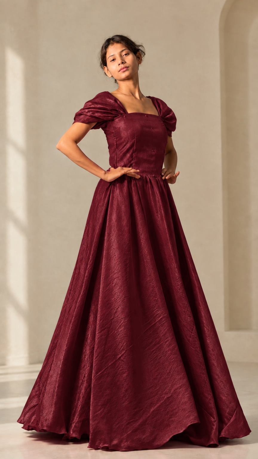 Full-length front view of model wearing burgundy wine red puff sleeve maxi gown