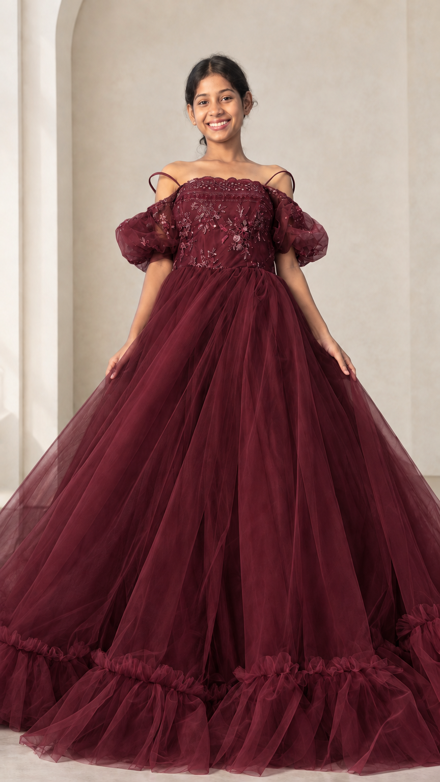 Full front view of burgundy wine red embroidered off-shoulder tulle ballgown