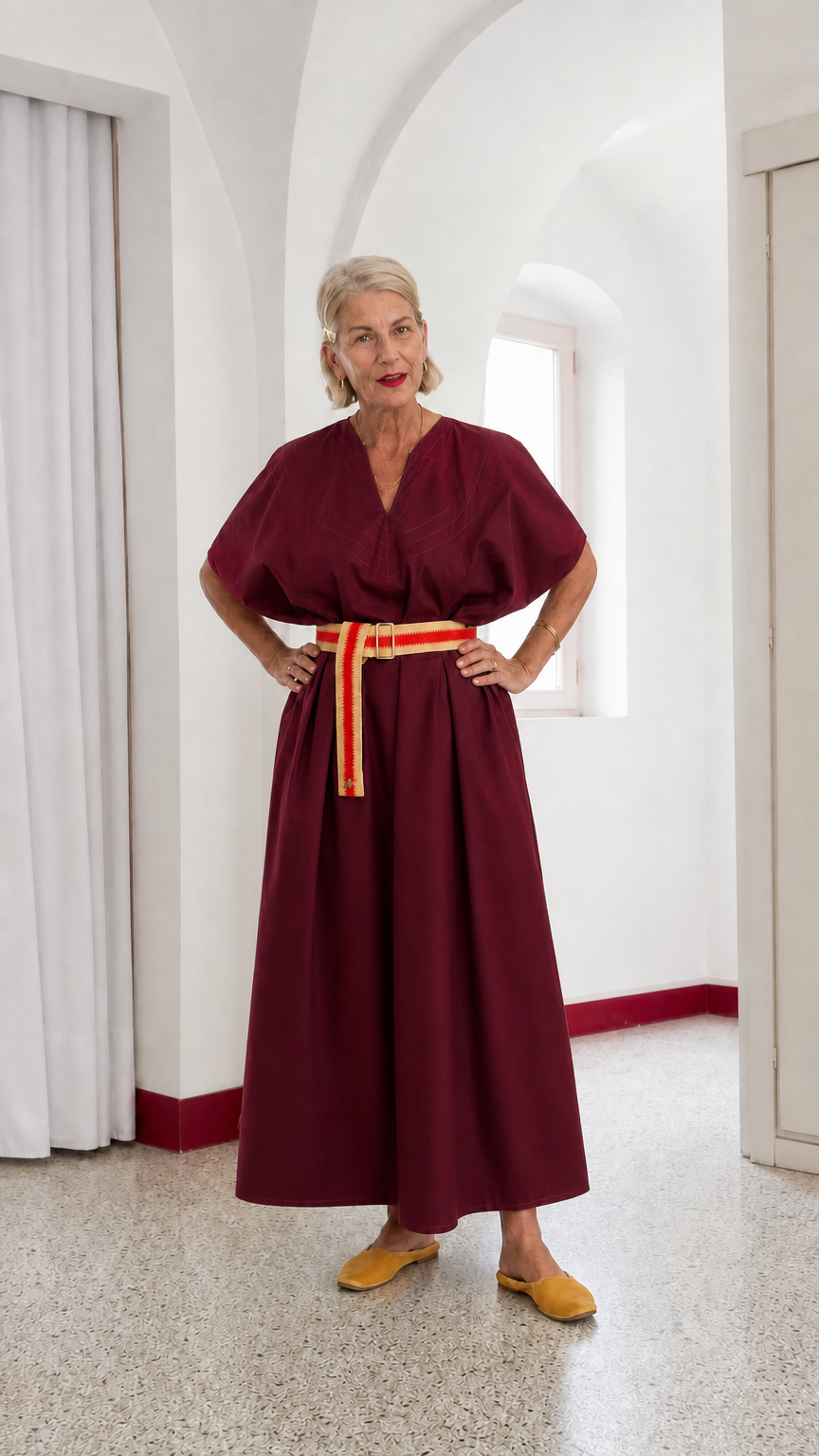 Front view of woman wearing burgundy wine V-neck belted kimono maxi dress