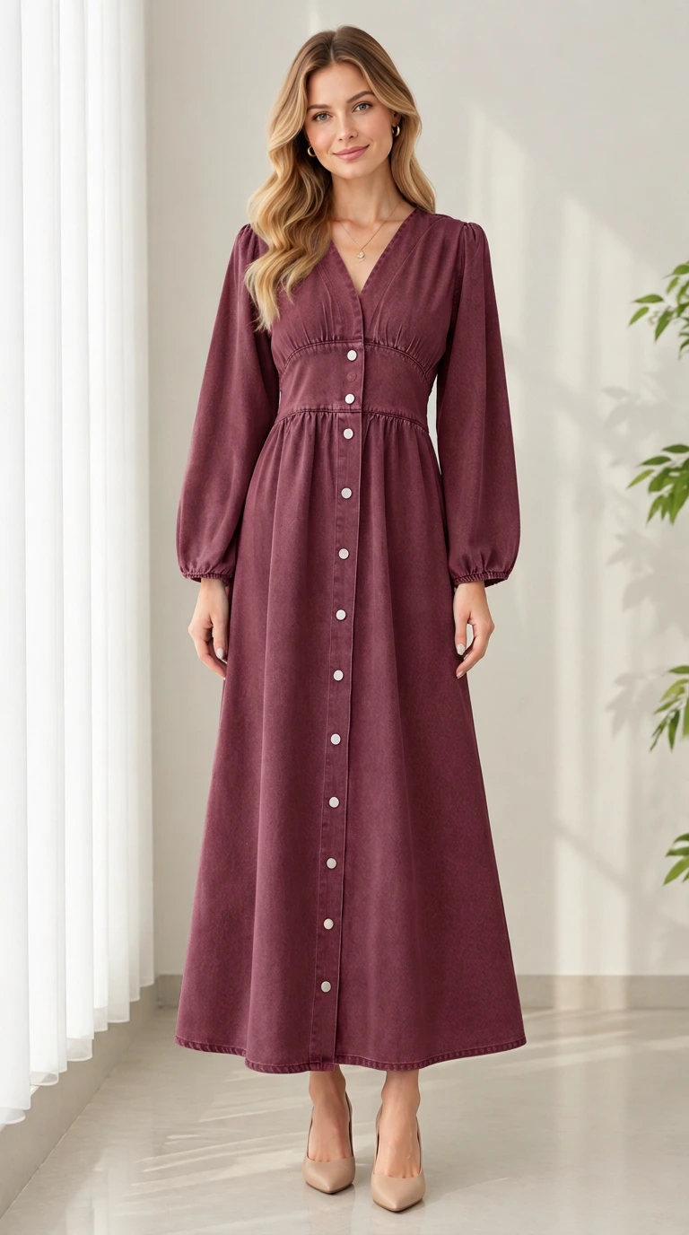 Front view of model wearing Burgundy long sleeve button-down denim maxi dress