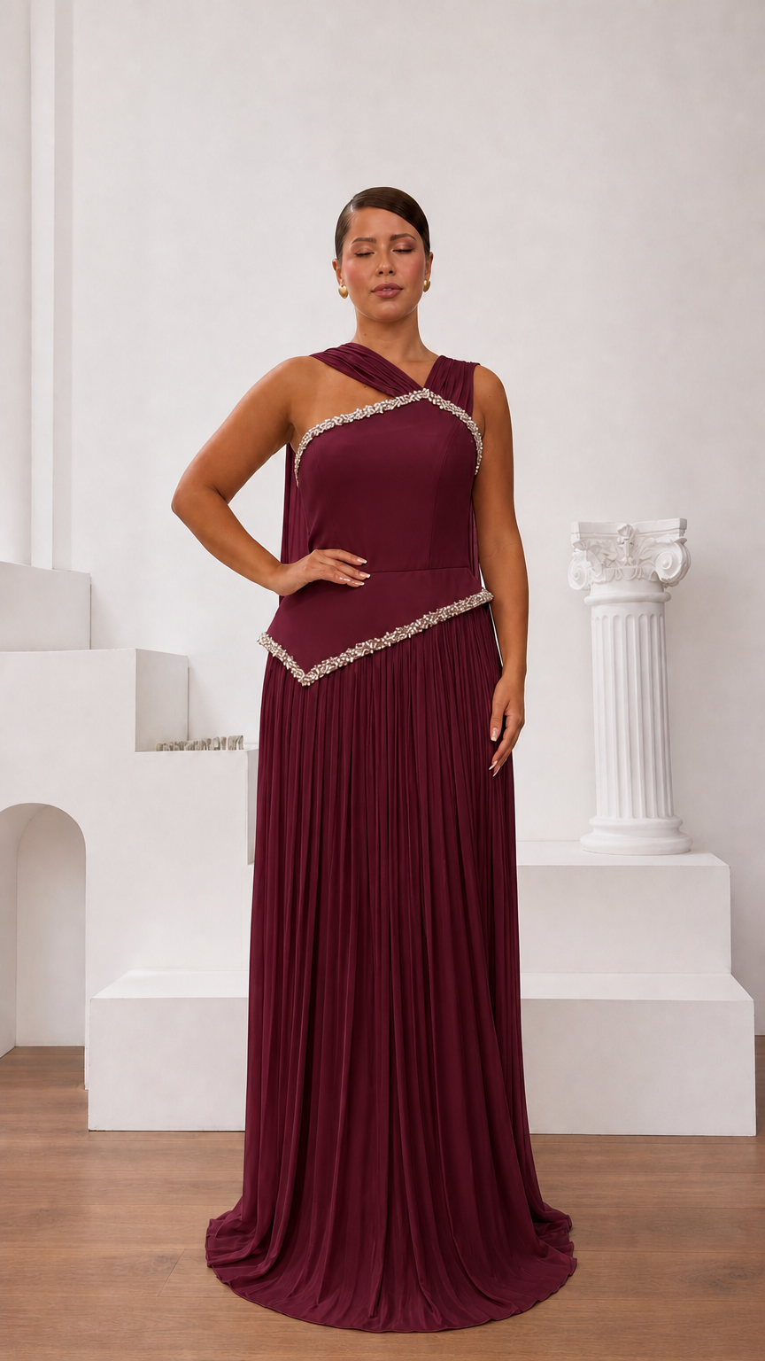 Burgundy wine one-shoulder pleated formal evening gown
