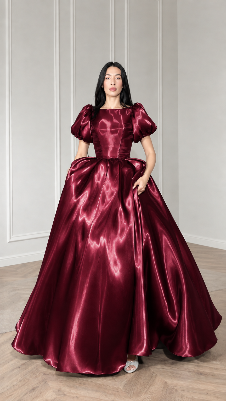 Front view of model wearing burgundy wine satin puff sleeve ball gown
