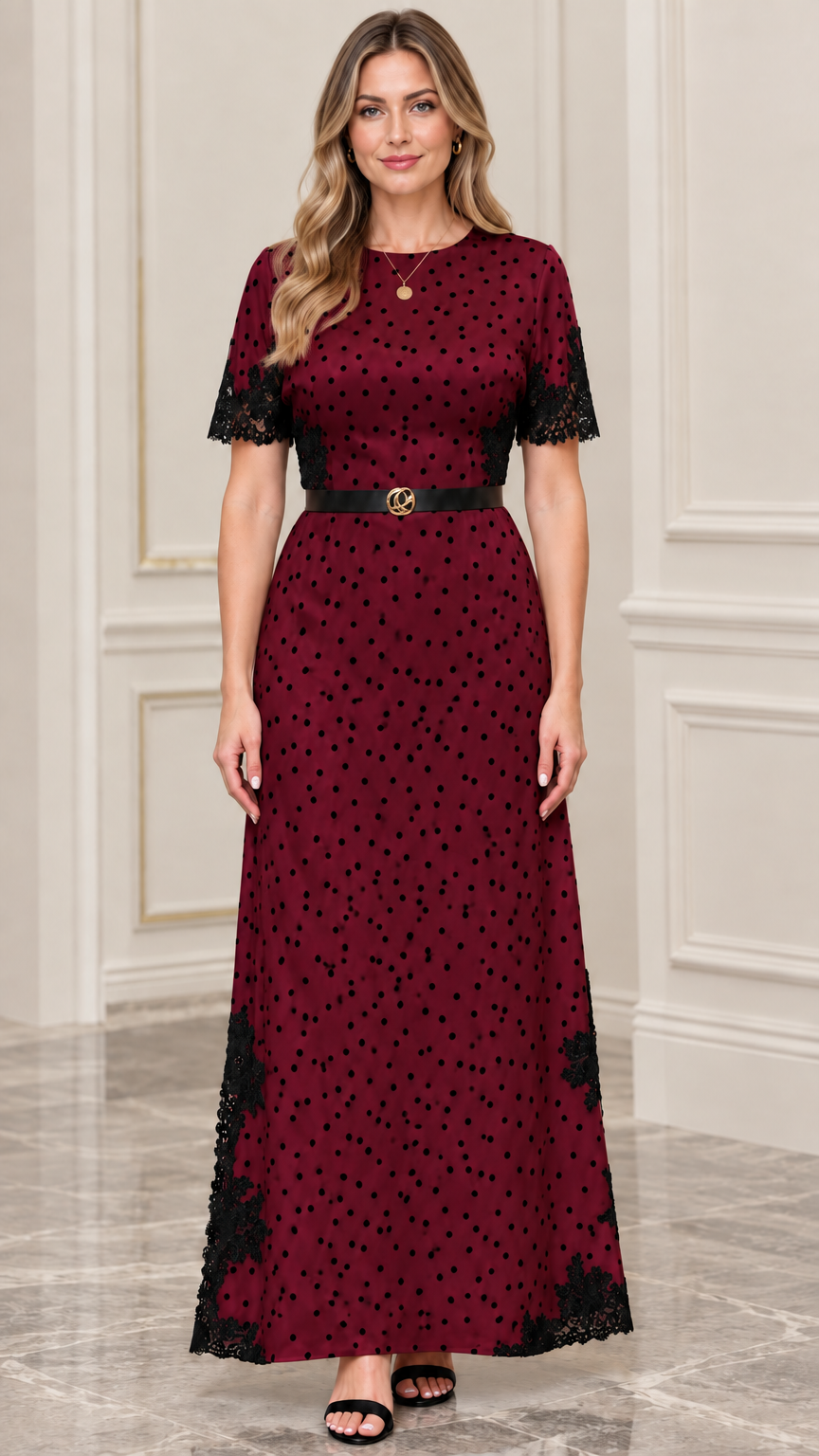 Wine red polka dot maxi dress with black lace trim and waist belt