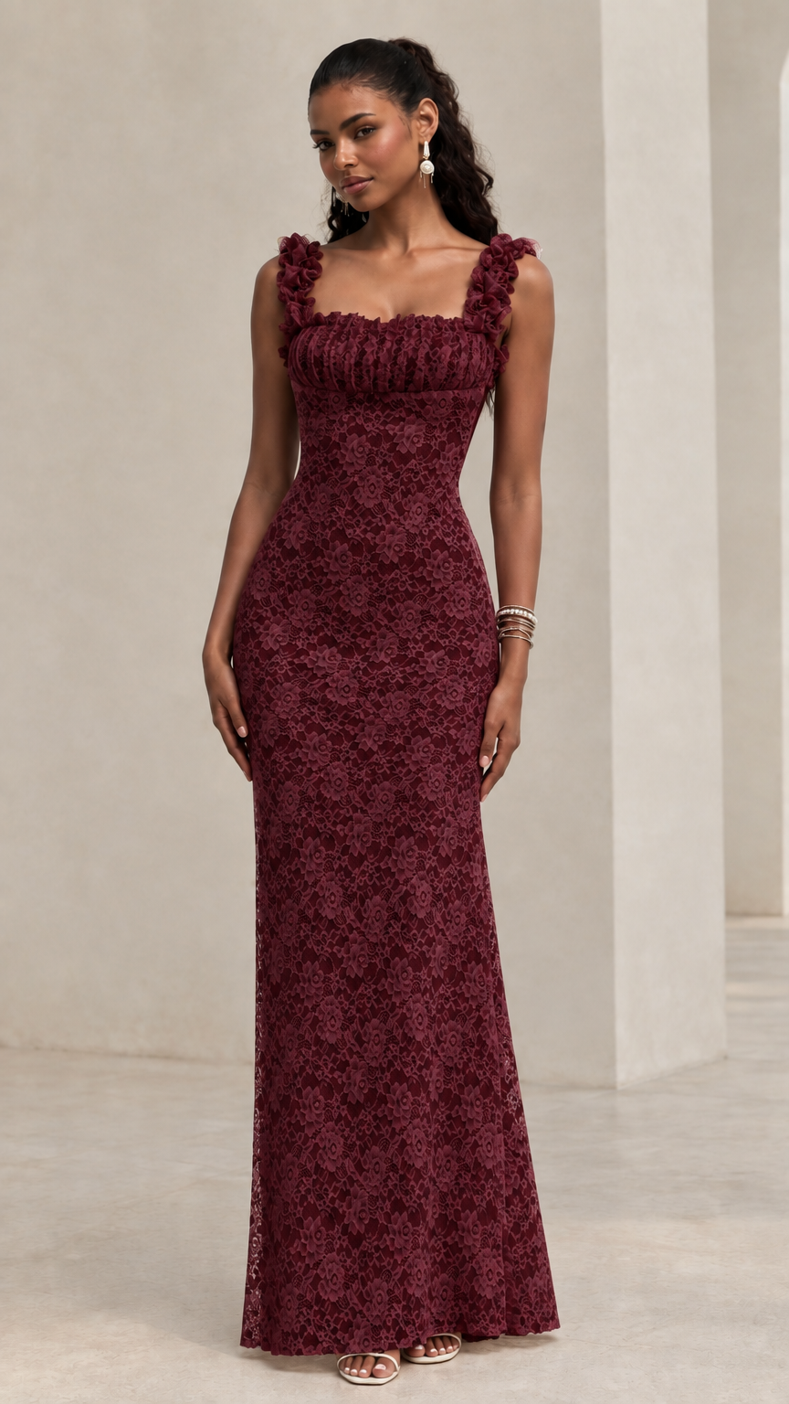 Burgundy wine red floral lace sleeveless maxi dress with ruffled straps on model front view