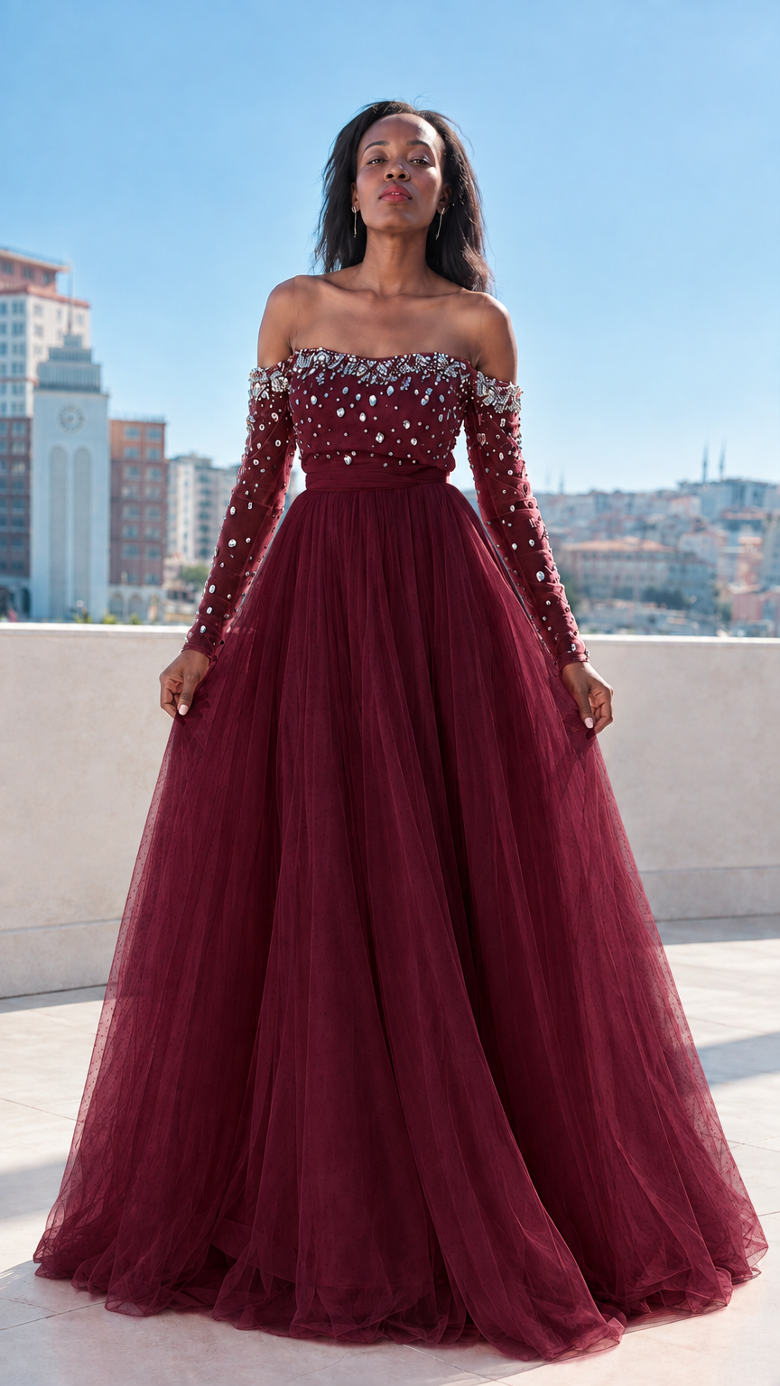 Front full-length view of burgundy red rhinestone off-the-shoulder tulle ball gown