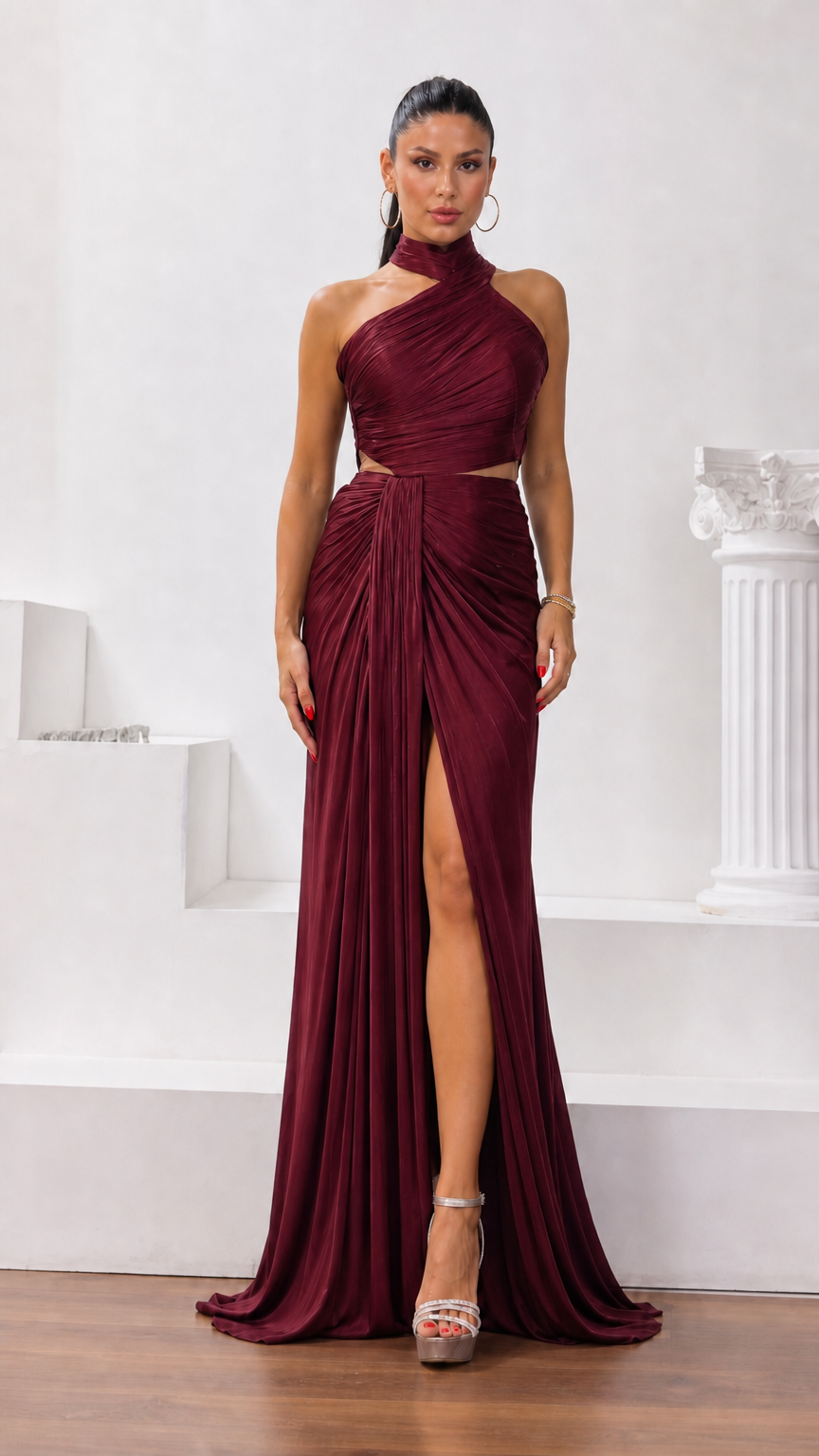 Burgundy wine red halter cutout evening dress with gathered drape