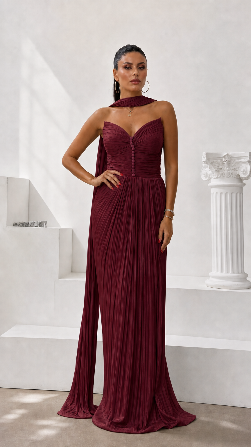Burgundy wine red pleated sweetheart strapless formal maxi gown