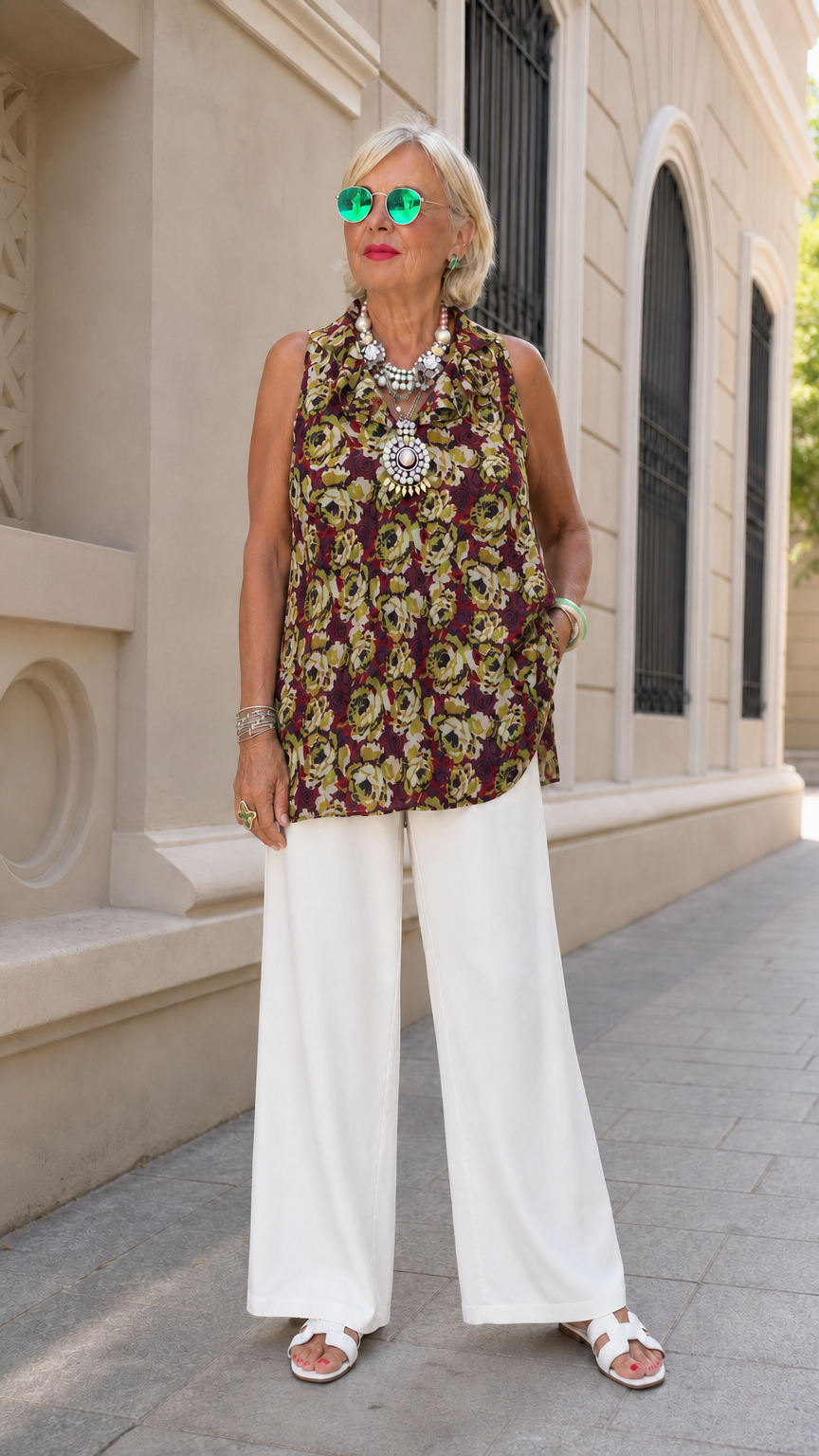 Model wearing burgundy wine floral sleeveless mock neck tunic top