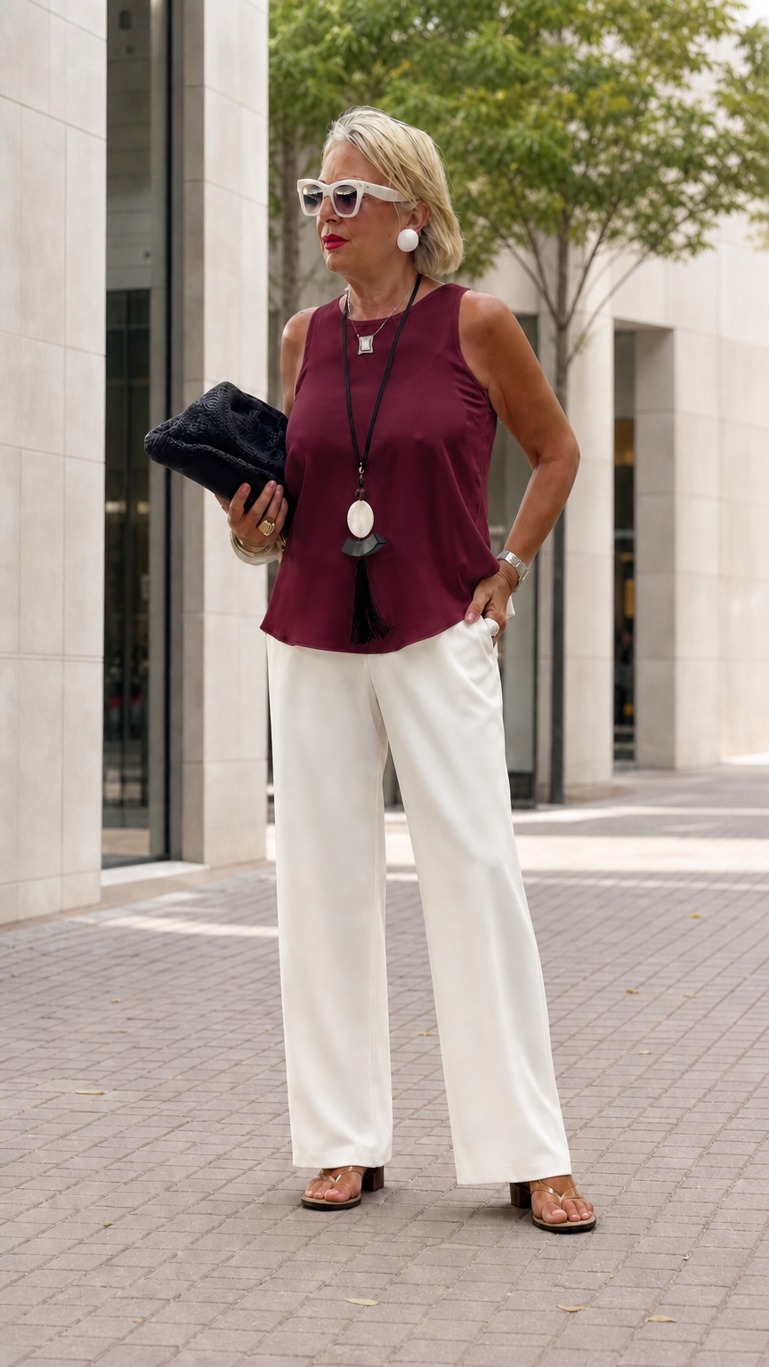 Woman wearing burgundy sleeveless tank top with white trousers
