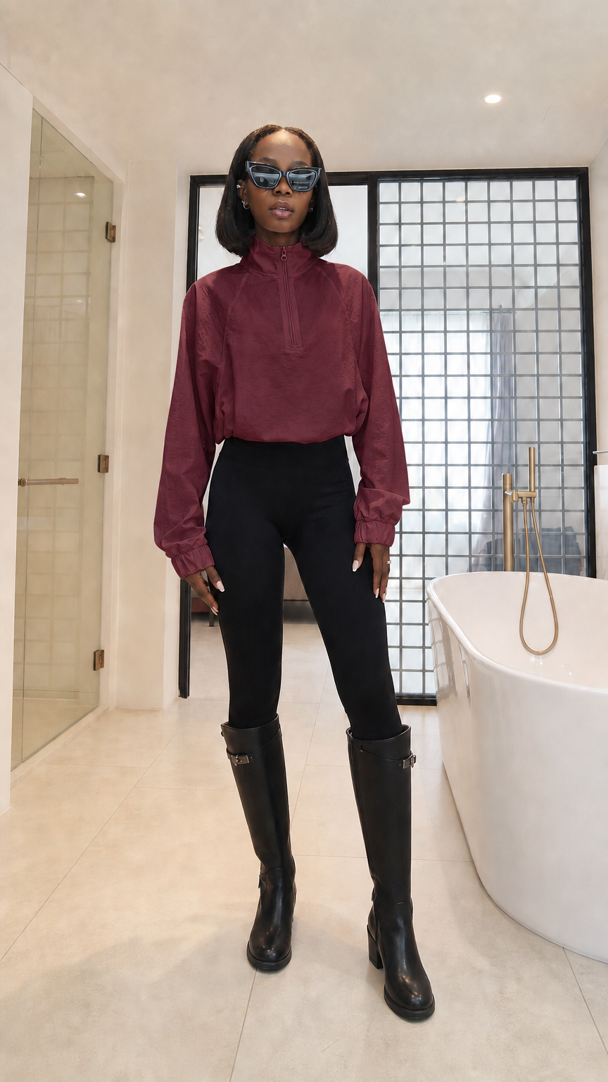 Woman wearing burgundy half-zip windbreaker top with black leggings